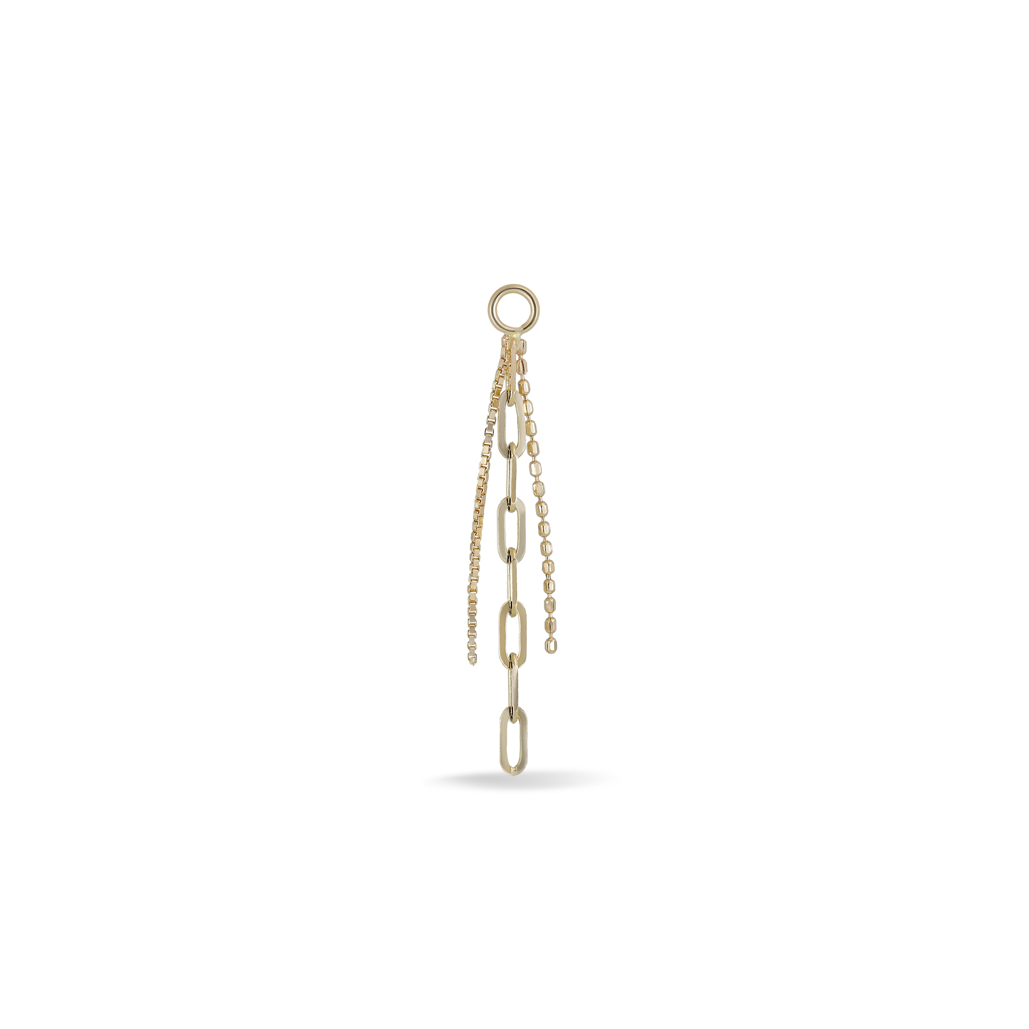 Front view of 14K yellow gold mixed chain charm that comes with clip chain, box chain and ball chain