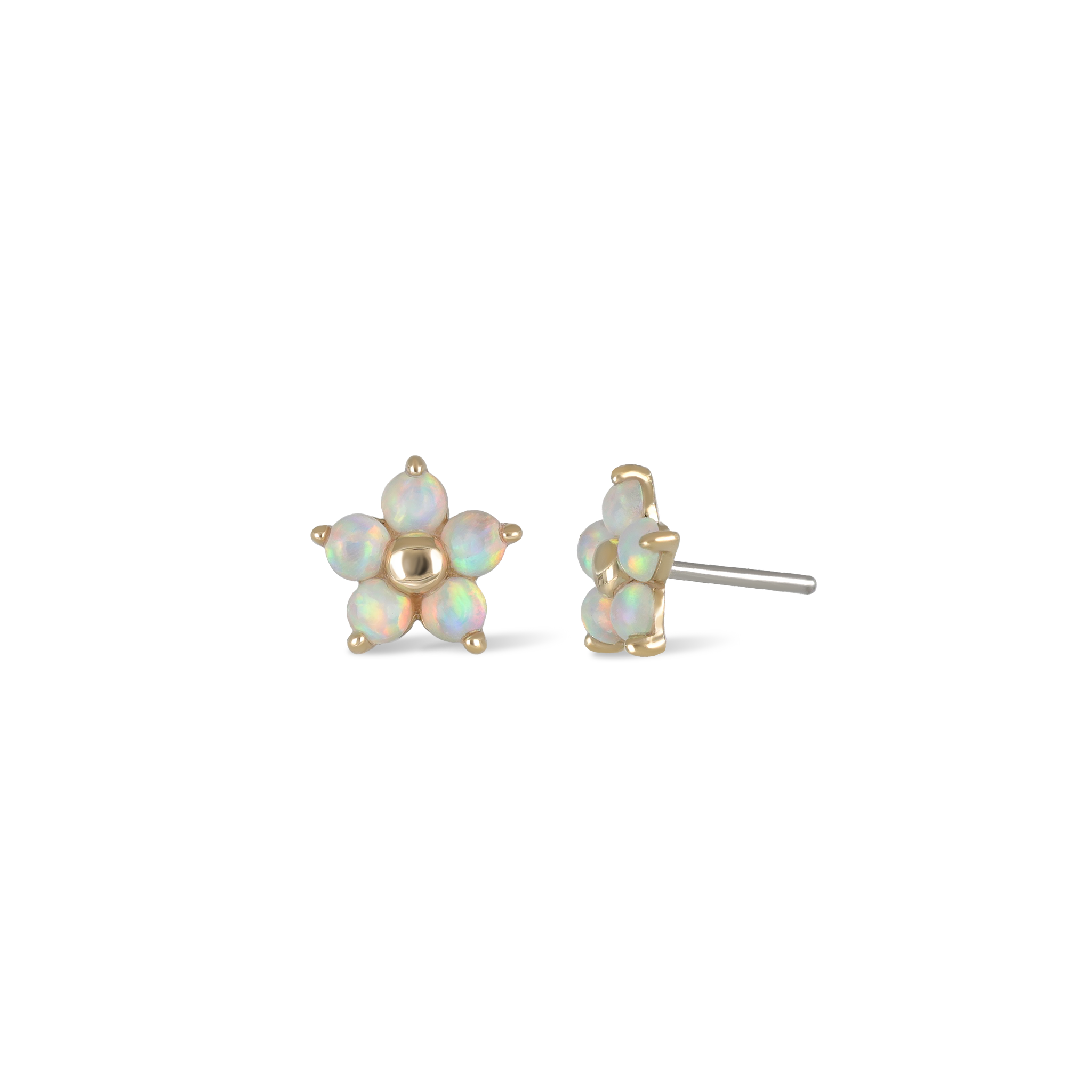 14K Gold Opal mini flower studs in yellow gold front view and side view