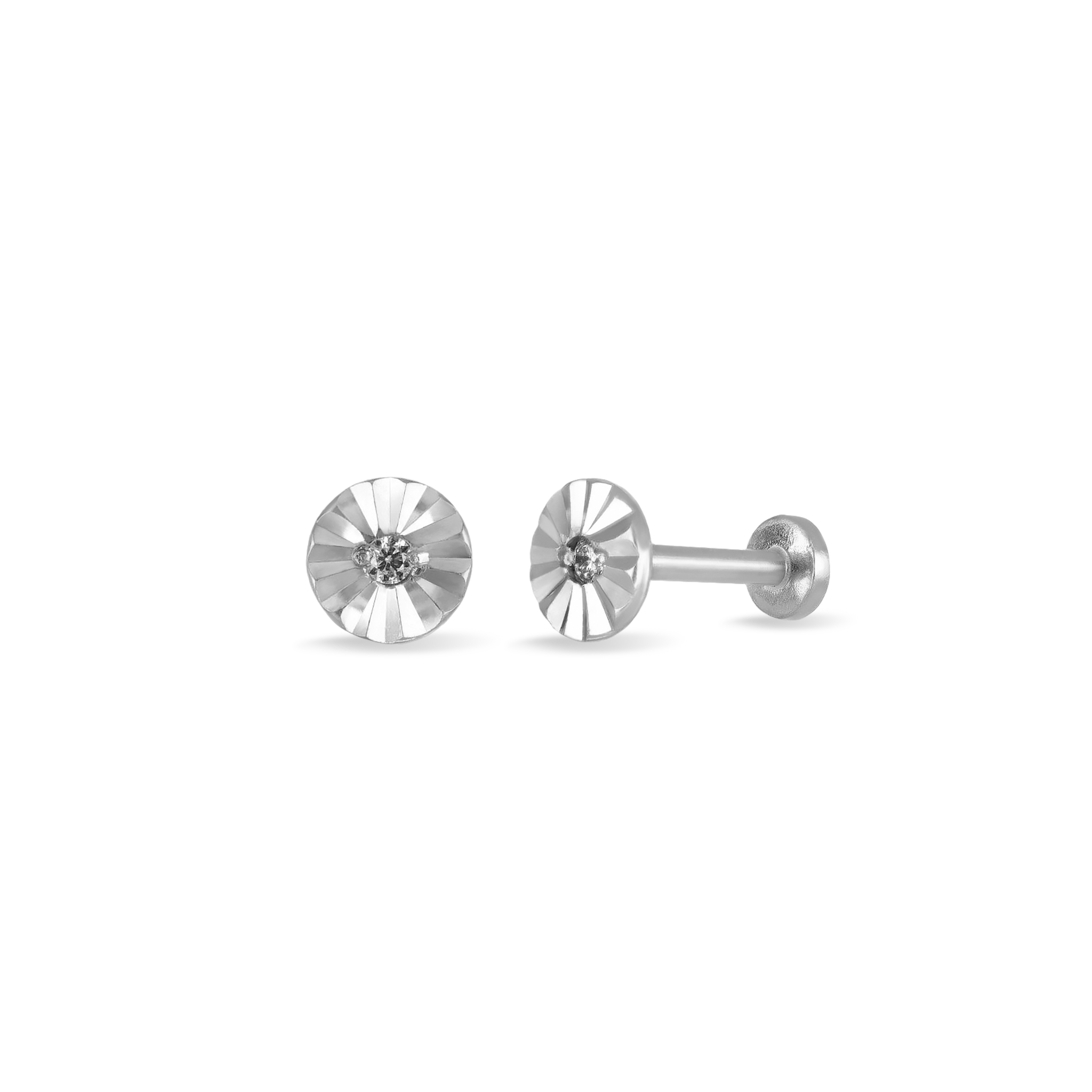 14k solid white gold flat disc studs with a diamond-cut pattern and cubic zirconia in the middle