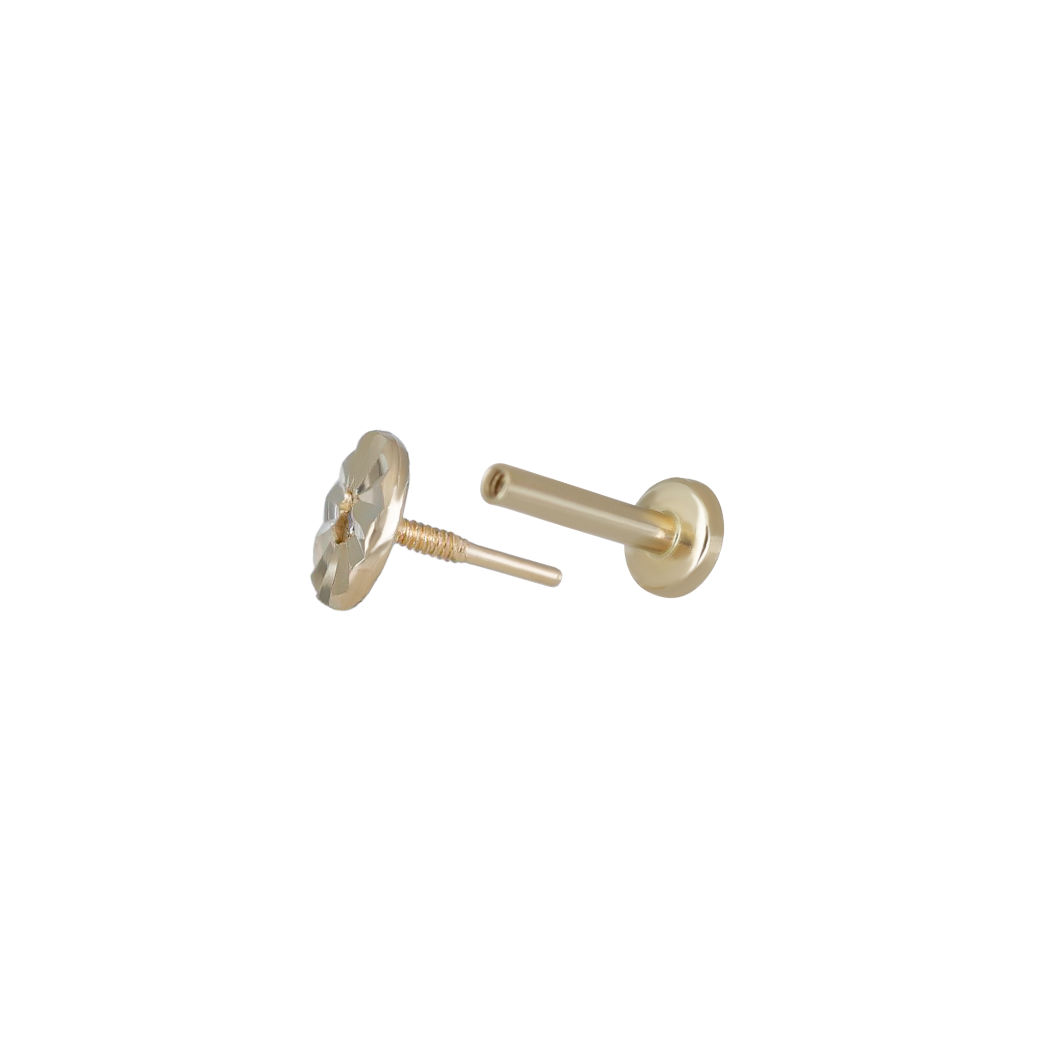 14k solid gold flat disc studs with a diamond-cut pattern and post end