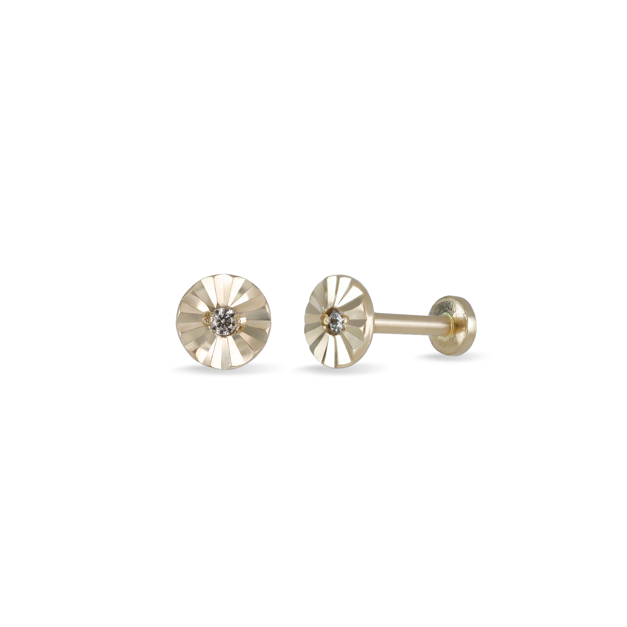 14k solid gold flat disc studs with a diamond-cut pattern and cubic zirconia in the middle