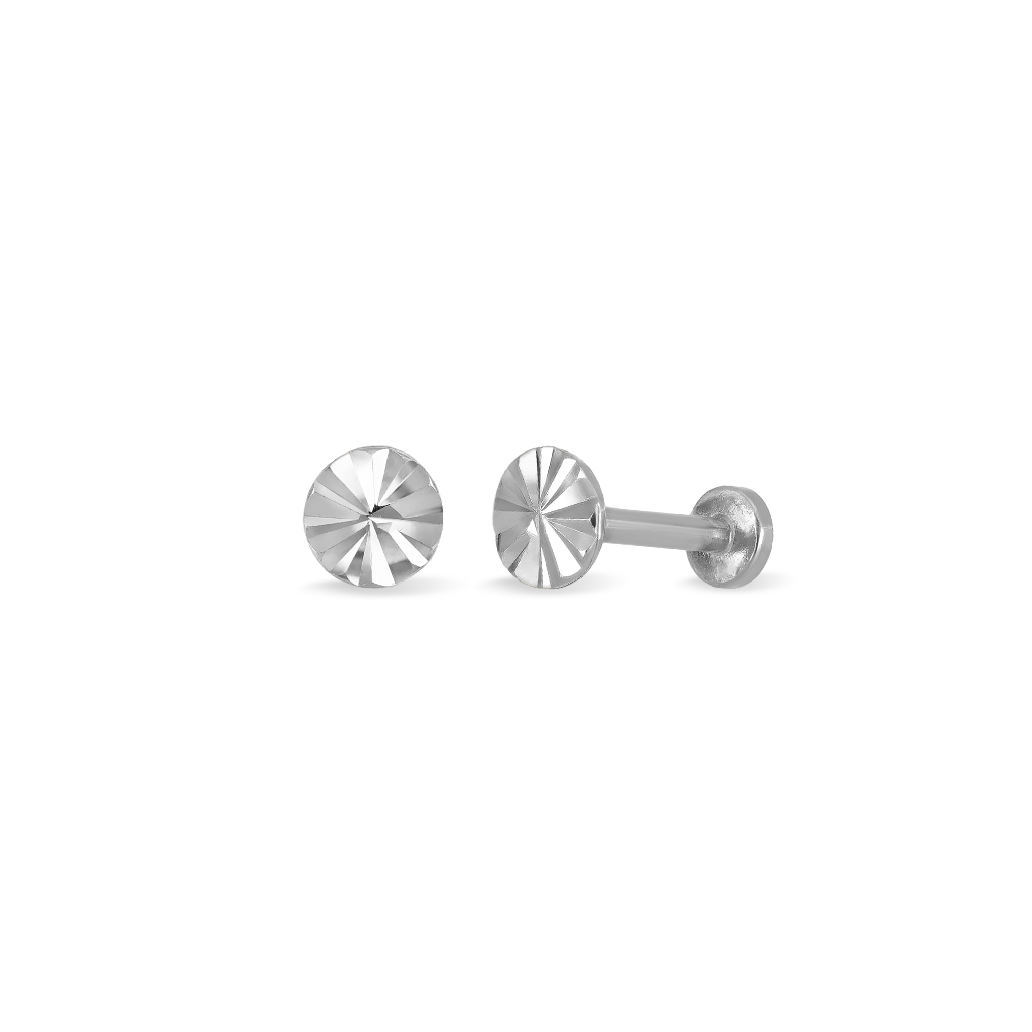 14K white gold studs with diamond-cut pattern on a flat round disc, 18G internally threaded design