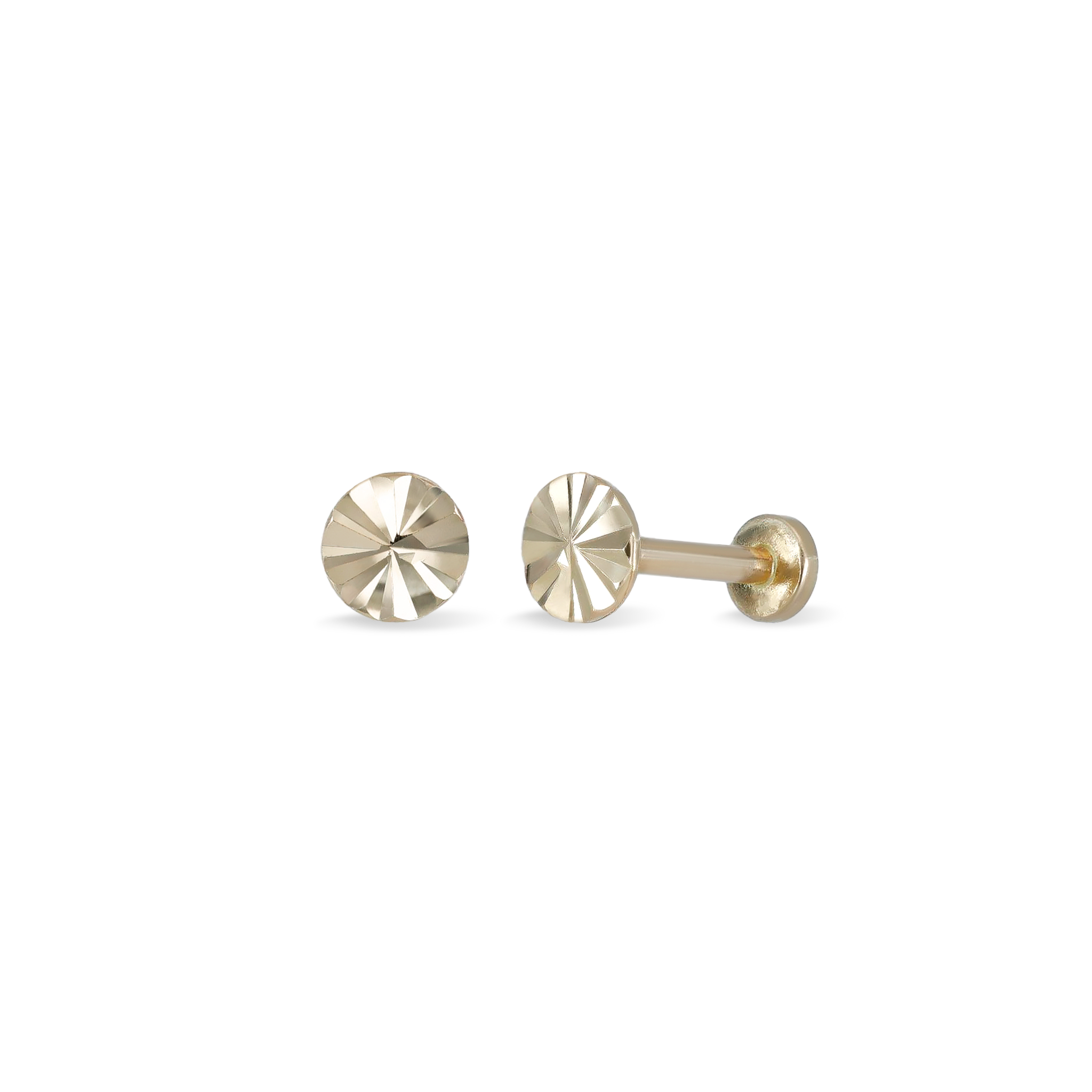 14K yellow gold studs with diamond-cut pattern on a flat round disc, 18G internally threaded design