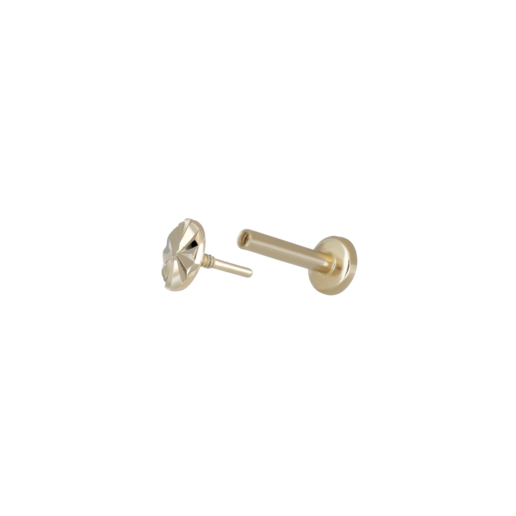 14K yellow gold studs with diamond-cut pattern on a flat round disc, 18G internally threaded design and a post end