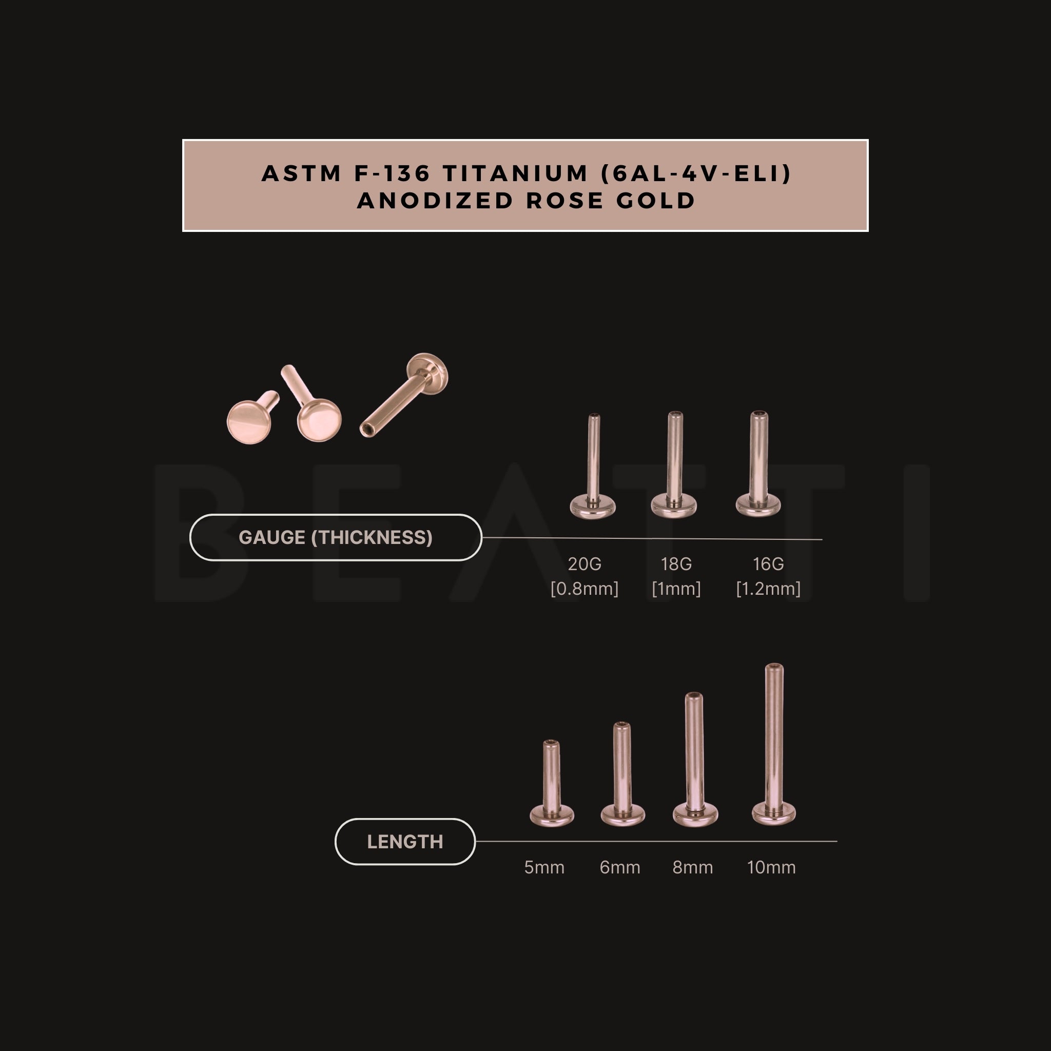 ASM F-136 Titanium post end gauge option 20G, 18G, 16G and length option 5mm, 6mm, 8mm and 10mm
