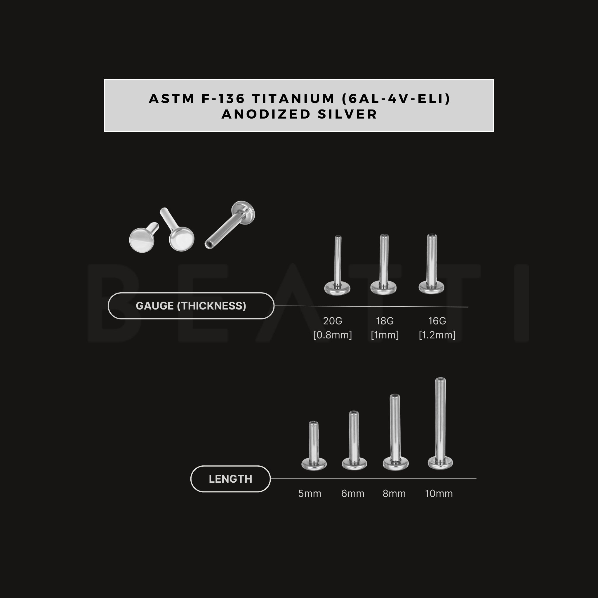 ASM F-136 Titanium post end gauge option 20G, 18G, 16G and length option 5mm, 6mm, 8mm and 10mm