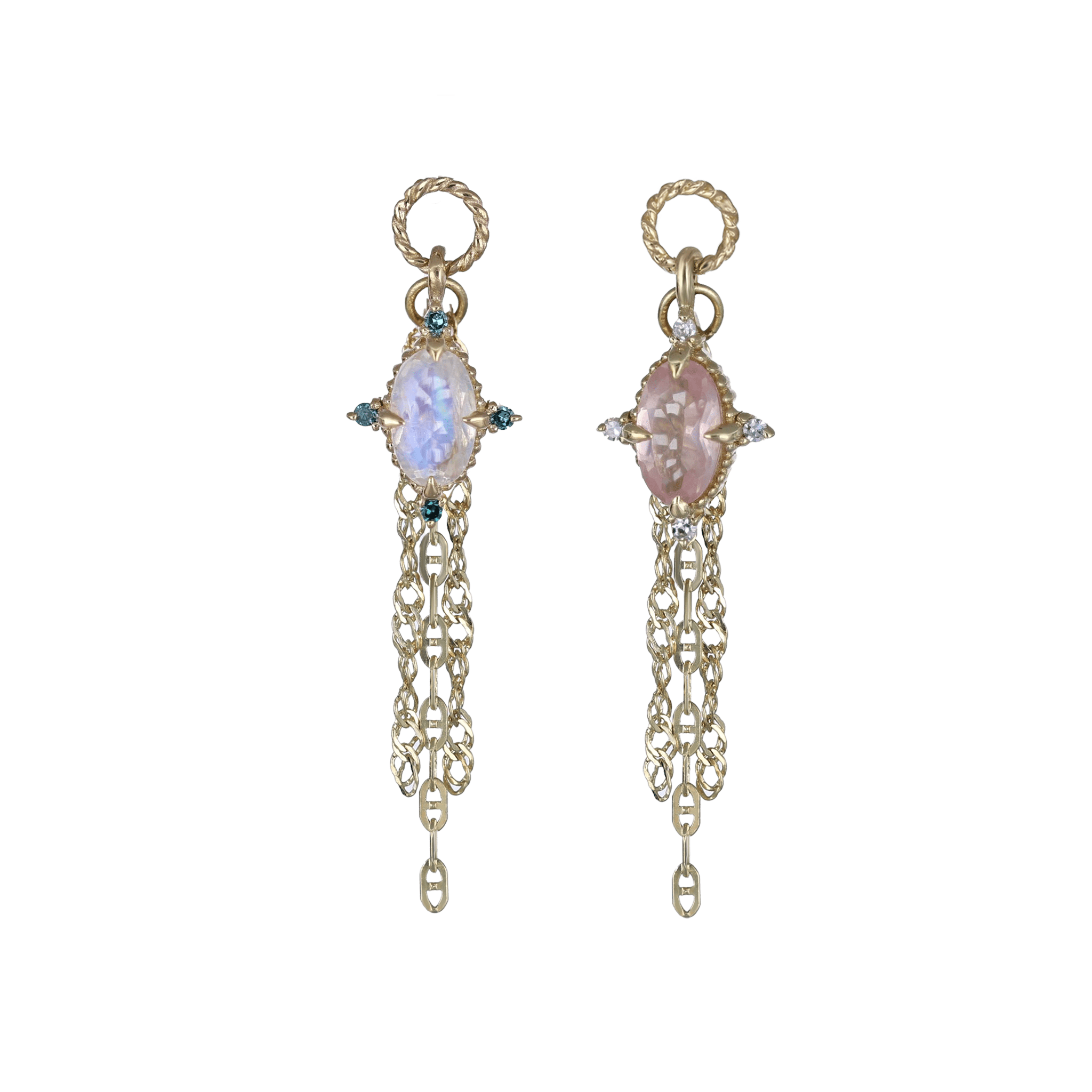 BEATTI Charms Gold / Rainbow Moonstone Charlotte Charm with Draped Tassel Chains SJ906 MR Charlotte Charm with Draped Tassel Chains