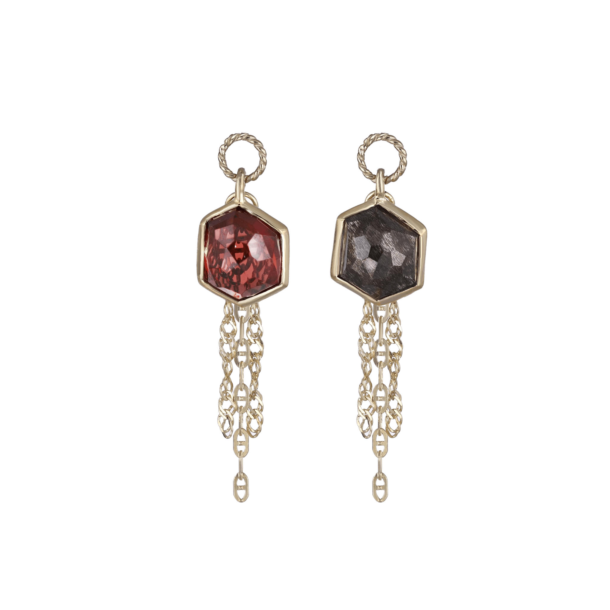 BEATTI Charms Gold / Garnet Rough Hexagon Charm with Draped Tassel Chains SJ907 G Rough Hexagon Charm with Draped Tassel Chains