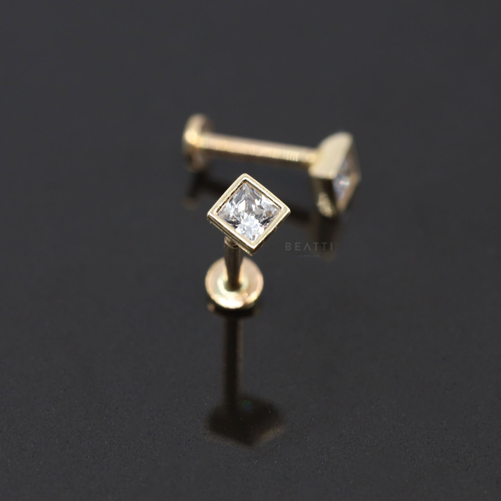 14K Solid Gold Tiny Square Bezel Crystal Stud - BEATTI