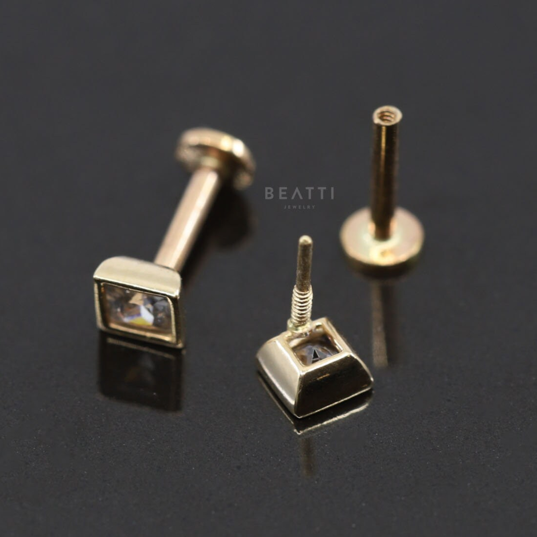 14K Solid Gold Tiny Square Bezel Crystal Stud - BEATTI