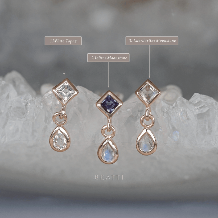 BEATTI Threadless Ends Rena • Iolite & Moonstone Flat Back Earring Rena • Iolite & Moonstone Flat Back Earring