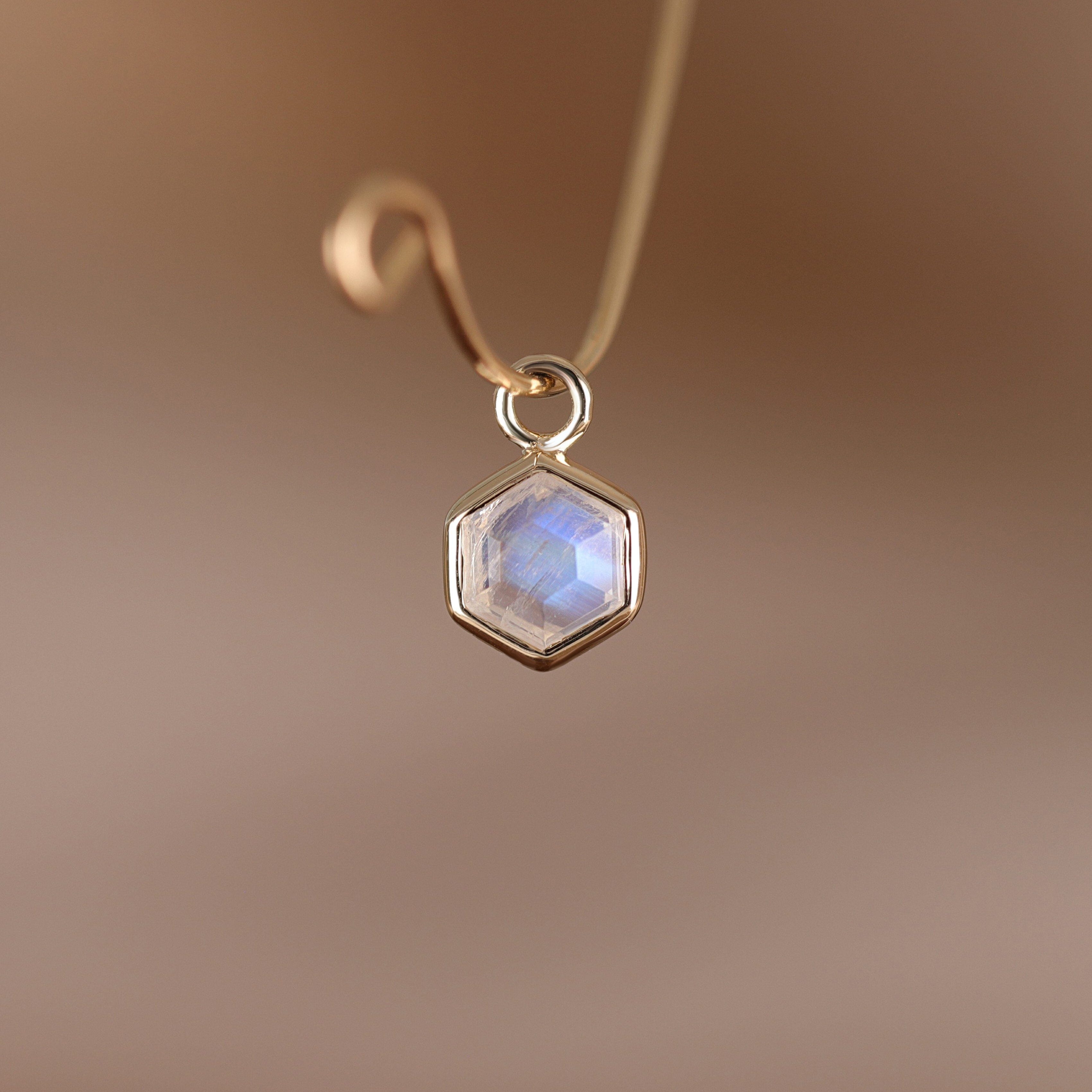 BEATTI Charms Gold / Ranbow Moonstone Ela • 14K Gold Hexagon Gemstone Hoop Charm BTPG039 Ela • 14K Gold Hexagon Gemstone Hoop Charm