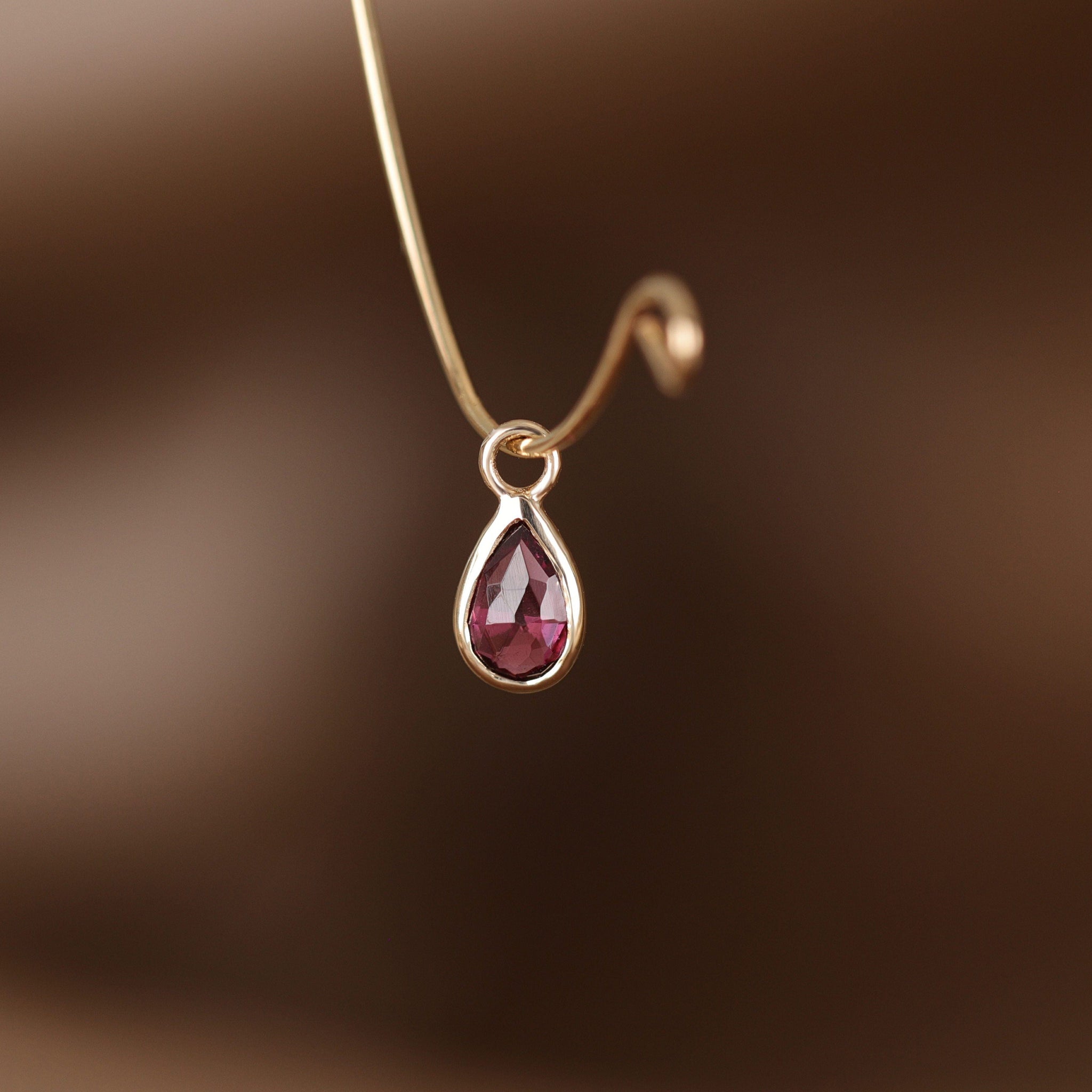 BEATTI Charms Gold / Rhodolite Garnet Solara • Briolette Teardrop Gemstone Hoop Charm BTPG 034 YG Solara • Briolette Teardrop Gemstone Hoop Charm