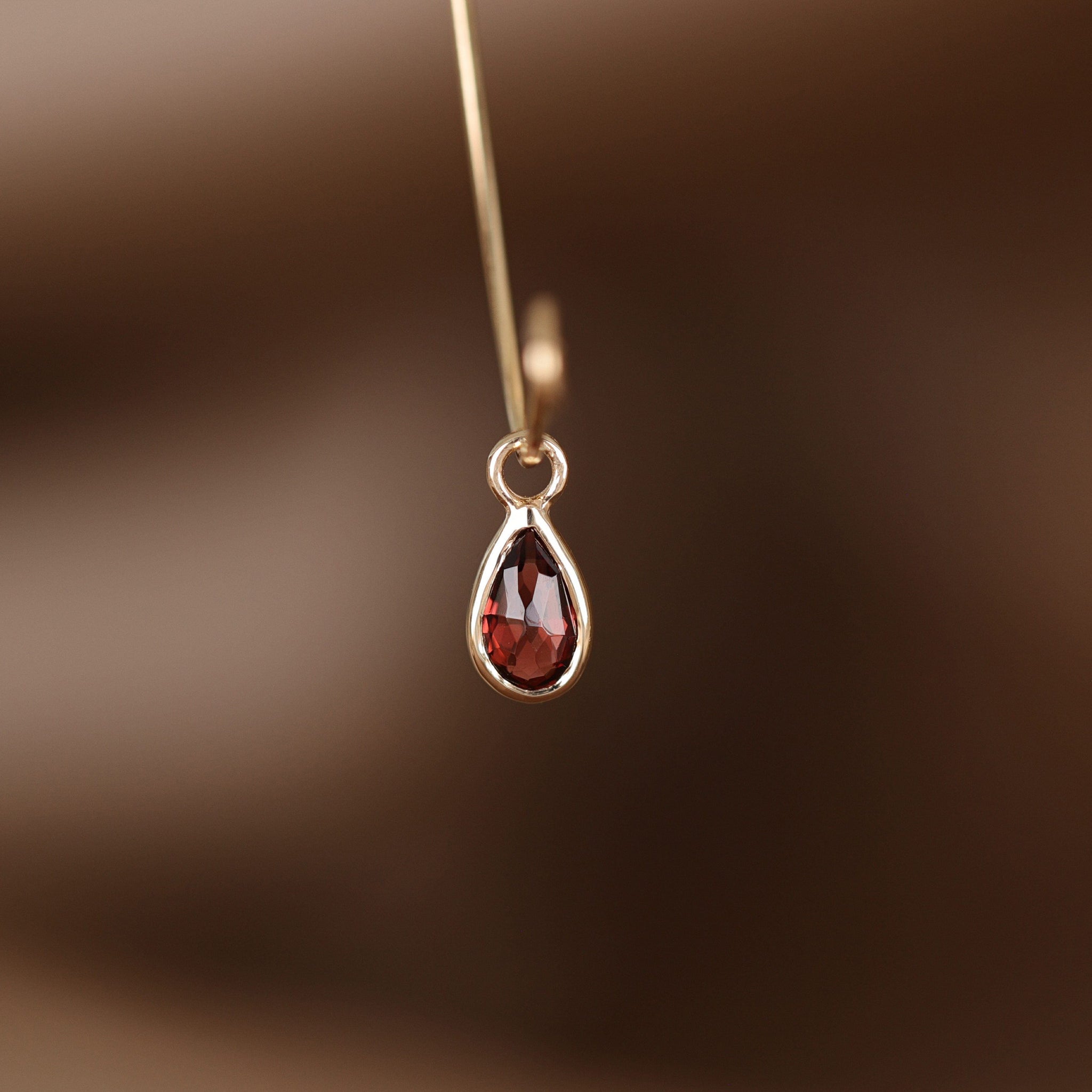 BEATTI Charms Gold / Garnet Solara • Briolette Teardrop Gemstone Hoop Charm BTPG 034 YG Solara • Briolette Teardrop Gemstone Hoop Charm