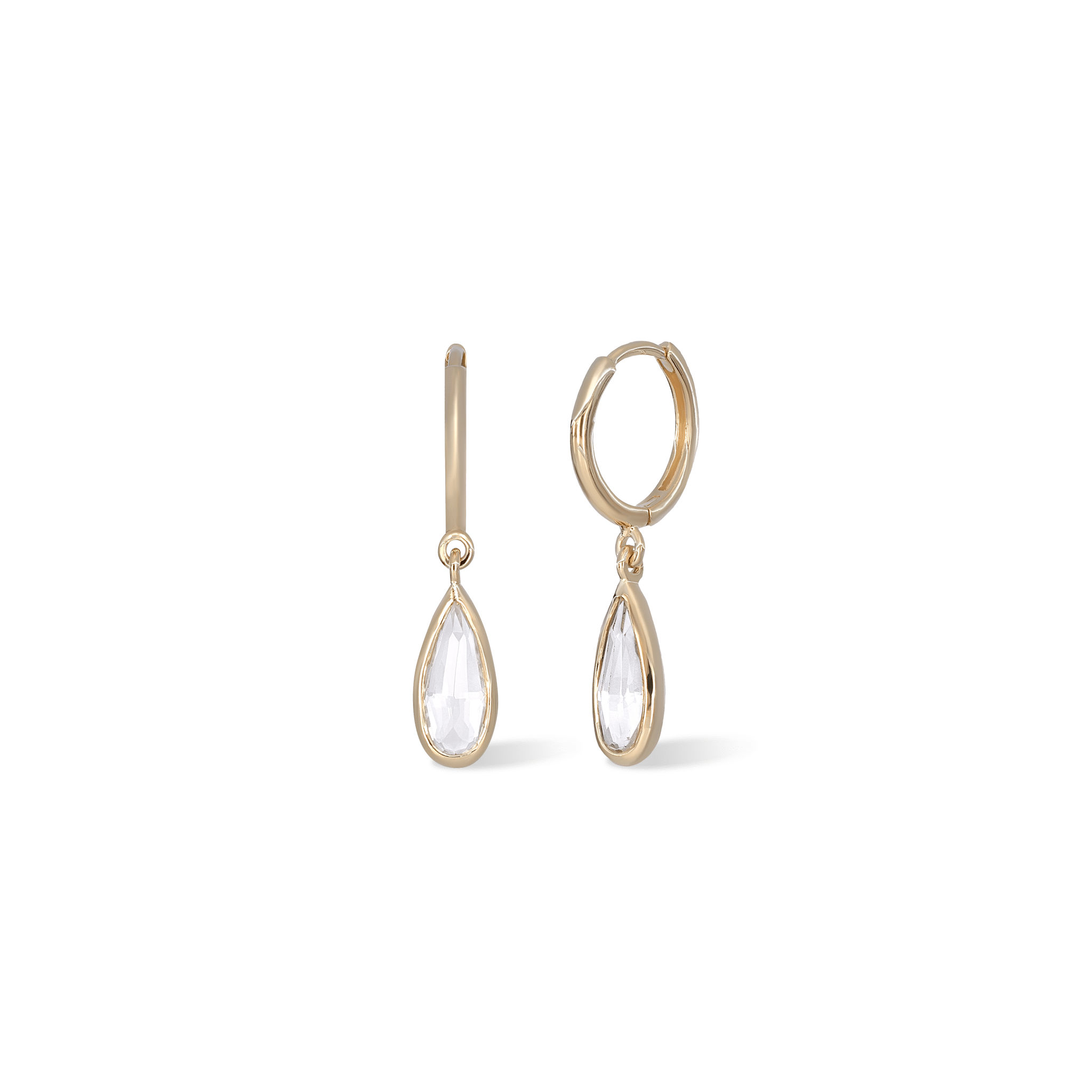 Pair of gold earrings with teardrop-shaped white topaz gemstone