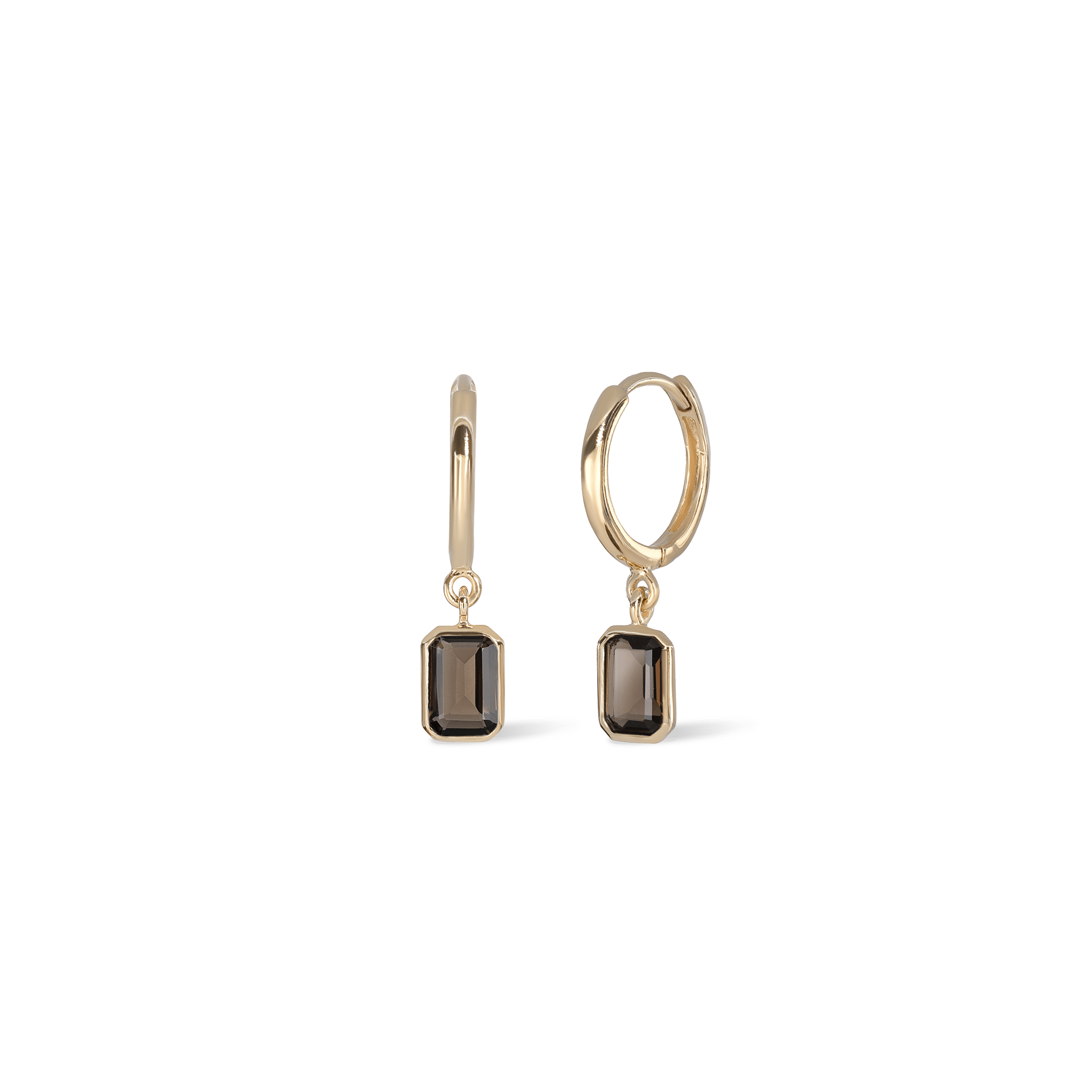 BEATTI Hoops Gold / Smoky Quartz Nora • Emerald Cut Genuine Smoky Quartz Hoop Earrings JFE3114 SQ GOLD Nora • Emerald Cut Genuine Smoky Quartz Hoop Earrings