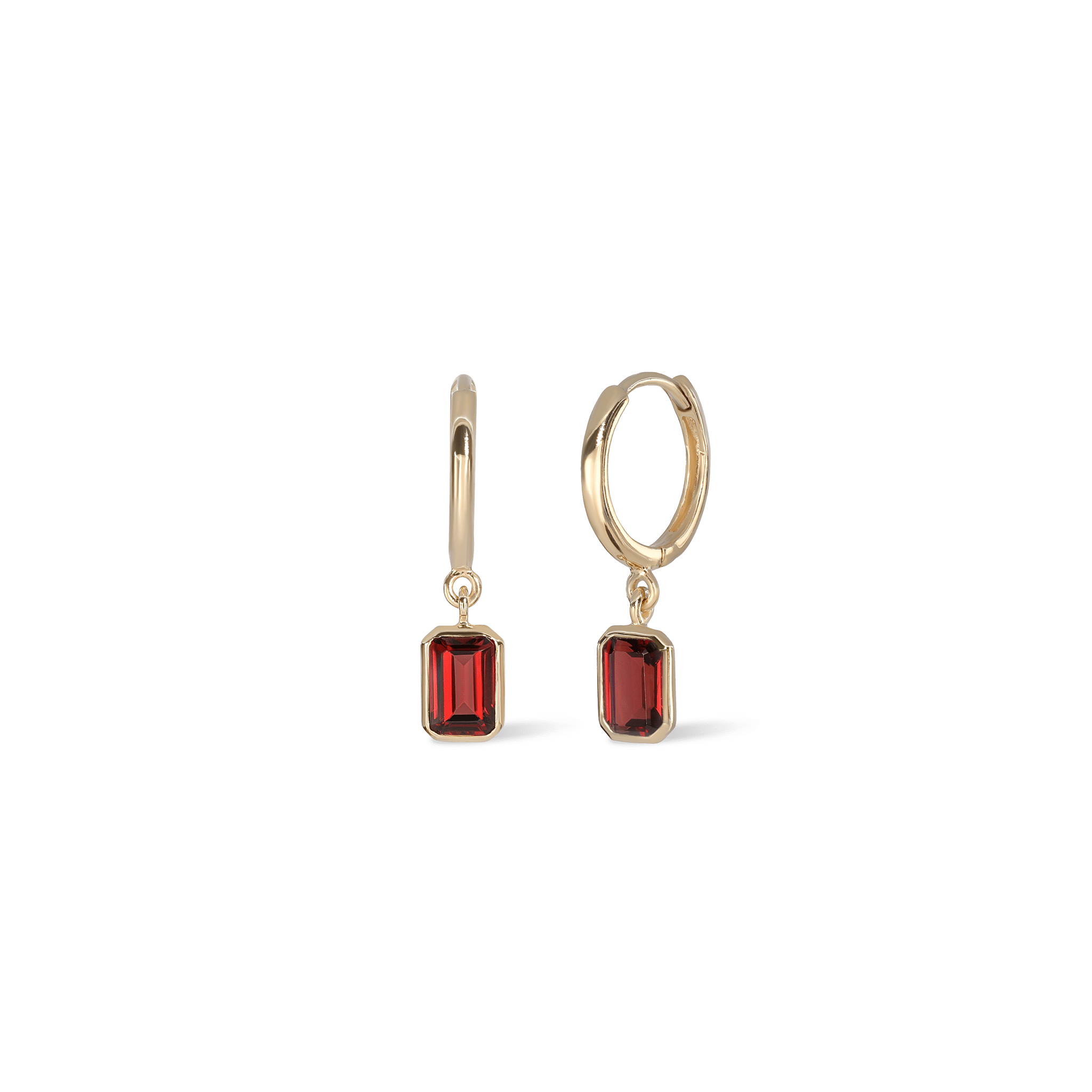 BEATTI Hoops Gold / Garnet Nora • Emerald Cut Genuine Topaz Hoop Earrings Garnet JFE3114 G YG Nora • Emerald Cut Genuine Topaz Hoop Earrings Garnet