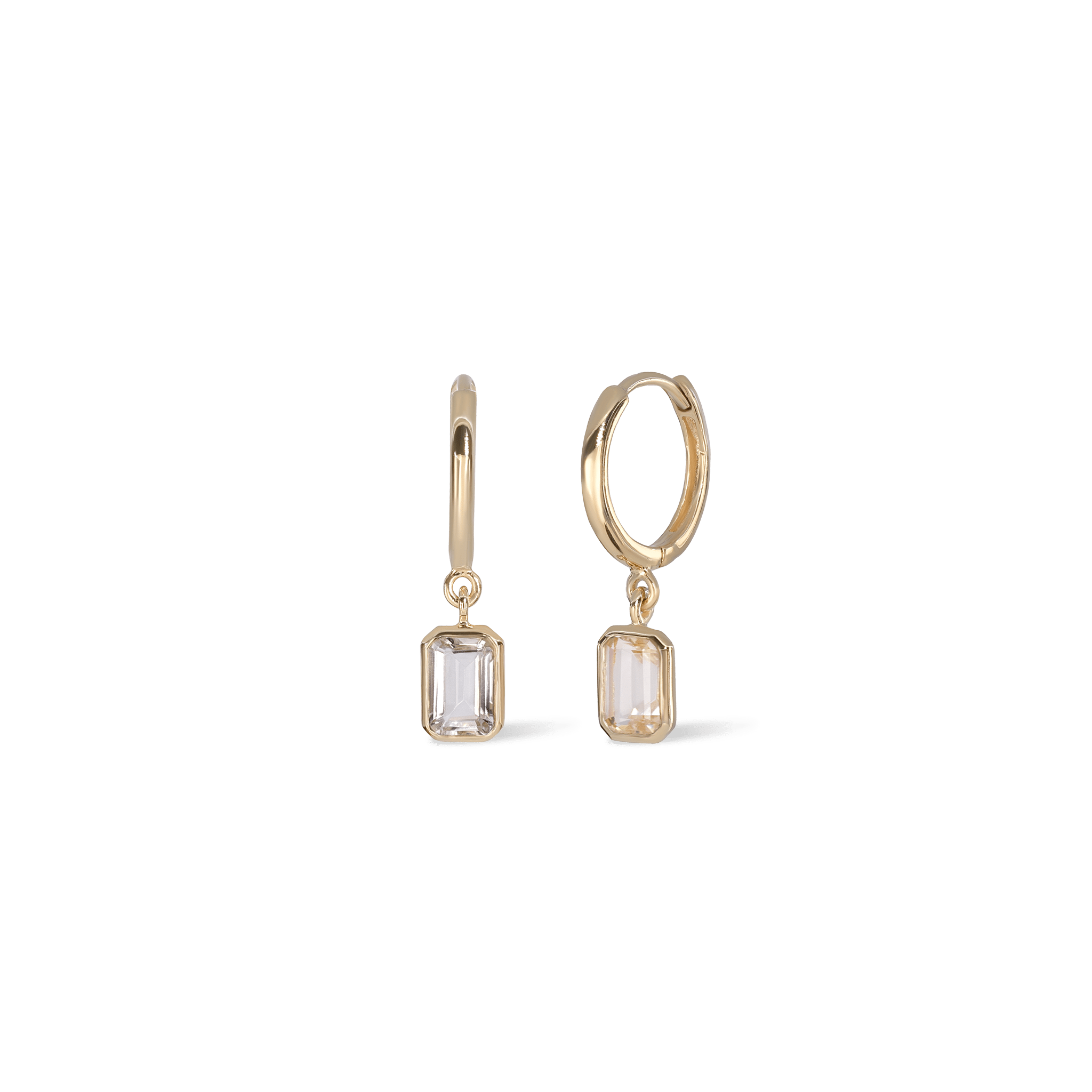 BEATTI Hoops Gold / White Topaz Nora • Emerald Cut Genuine Topaz Hoop Earrings JFE3114 TW YG Nora • Emerald Cut Genuine Topaz Hoop Earrings