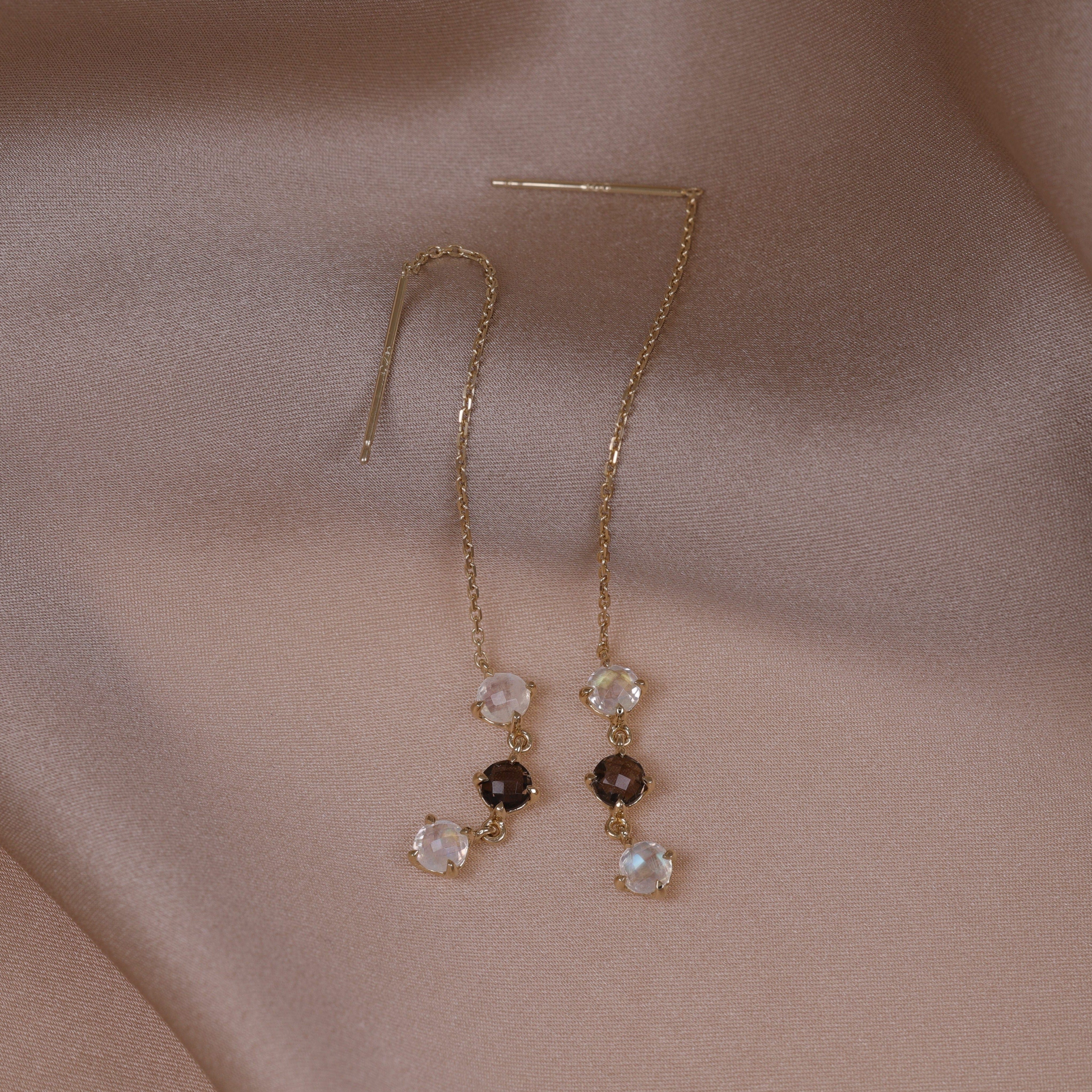 BEATTI Threaders Gold / Rainbow Moonstone / Smoky Quartz Ramona • Natural Gemstone Threader Earrings JFE1783 MRSQ Ramona • Natural Gemstone Threader Earrings