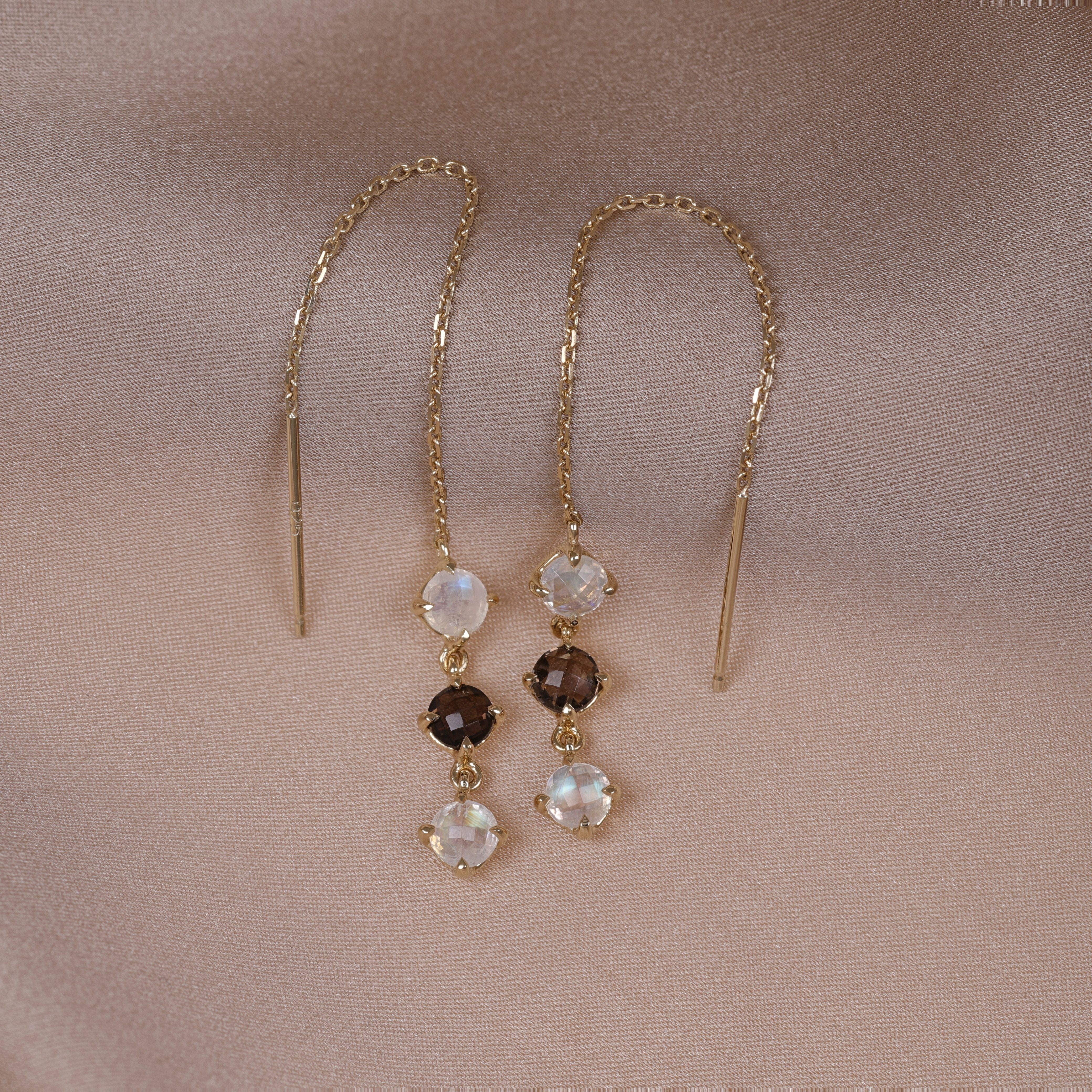 BEATTI Threaders Gold / Rainbow Moonstone / Smoky Quartz Ramona • Natural Gemstone Threader Earrings JFE1783 MRSQ Ramona • Natural Gemstone Threader Earrings