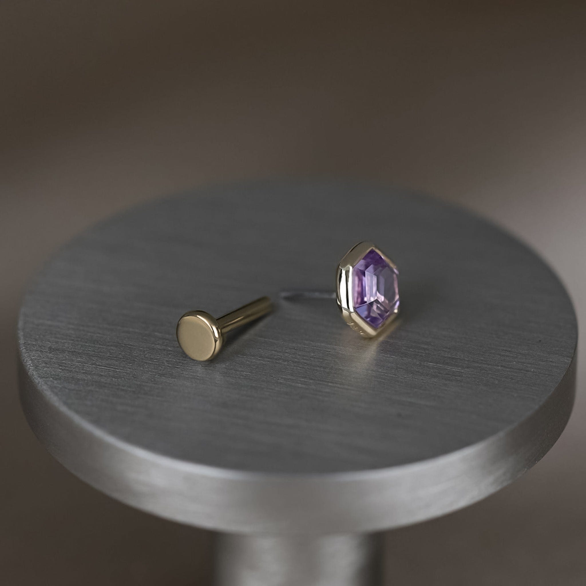 BEATTI Threadless Ends Ela •  14K Gold Hexagon Gemstone Threadless Ends Ela • 14K Gold Hexagon Gemstone Threadless Ends • London Blue Topaz