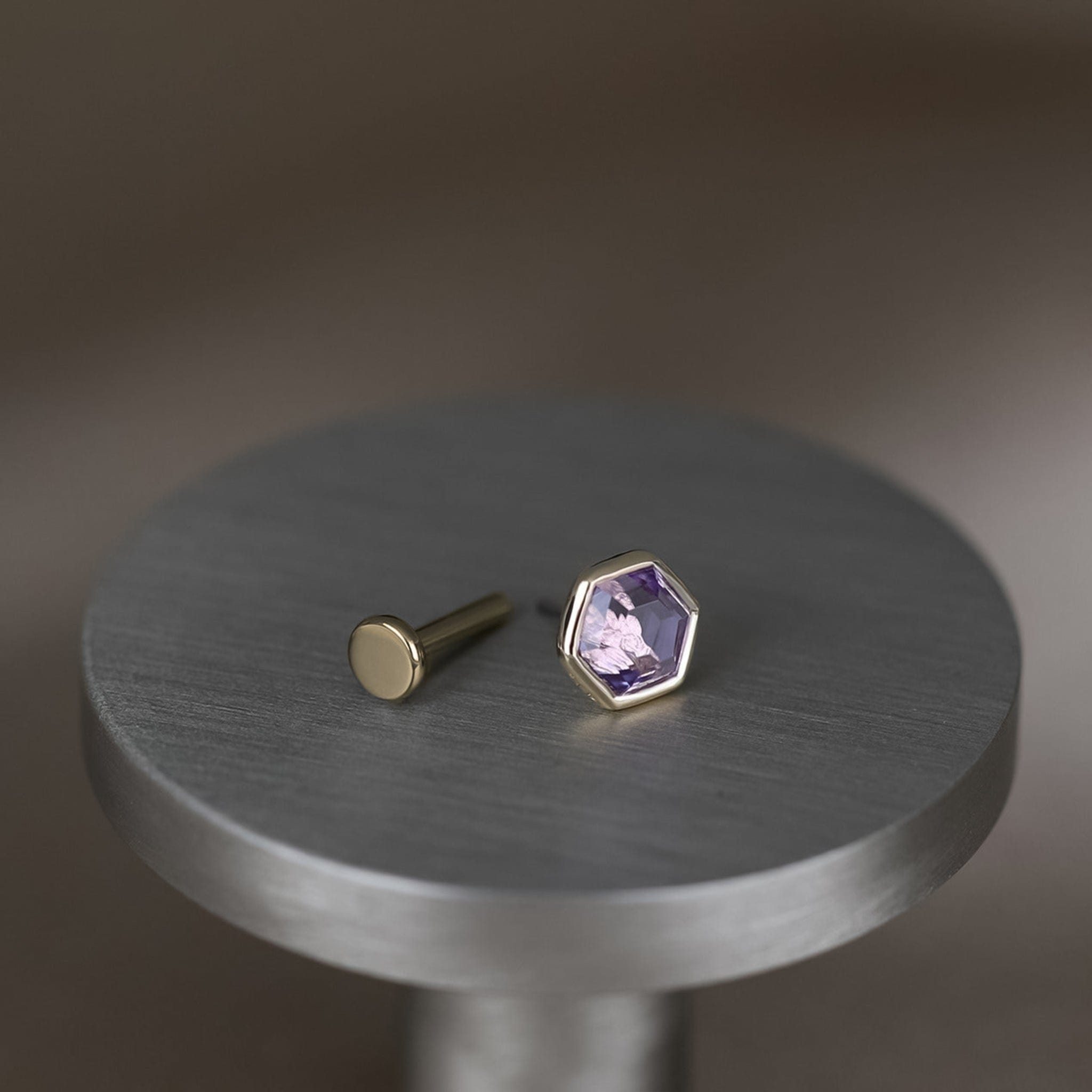 BEATTI Threadless Ends Ela •  14K Gold Hexagon Gemstone Threadless Ends Ela • 14K Gold Hexagon Gemstone Threadless Ends • London Blue Topaz