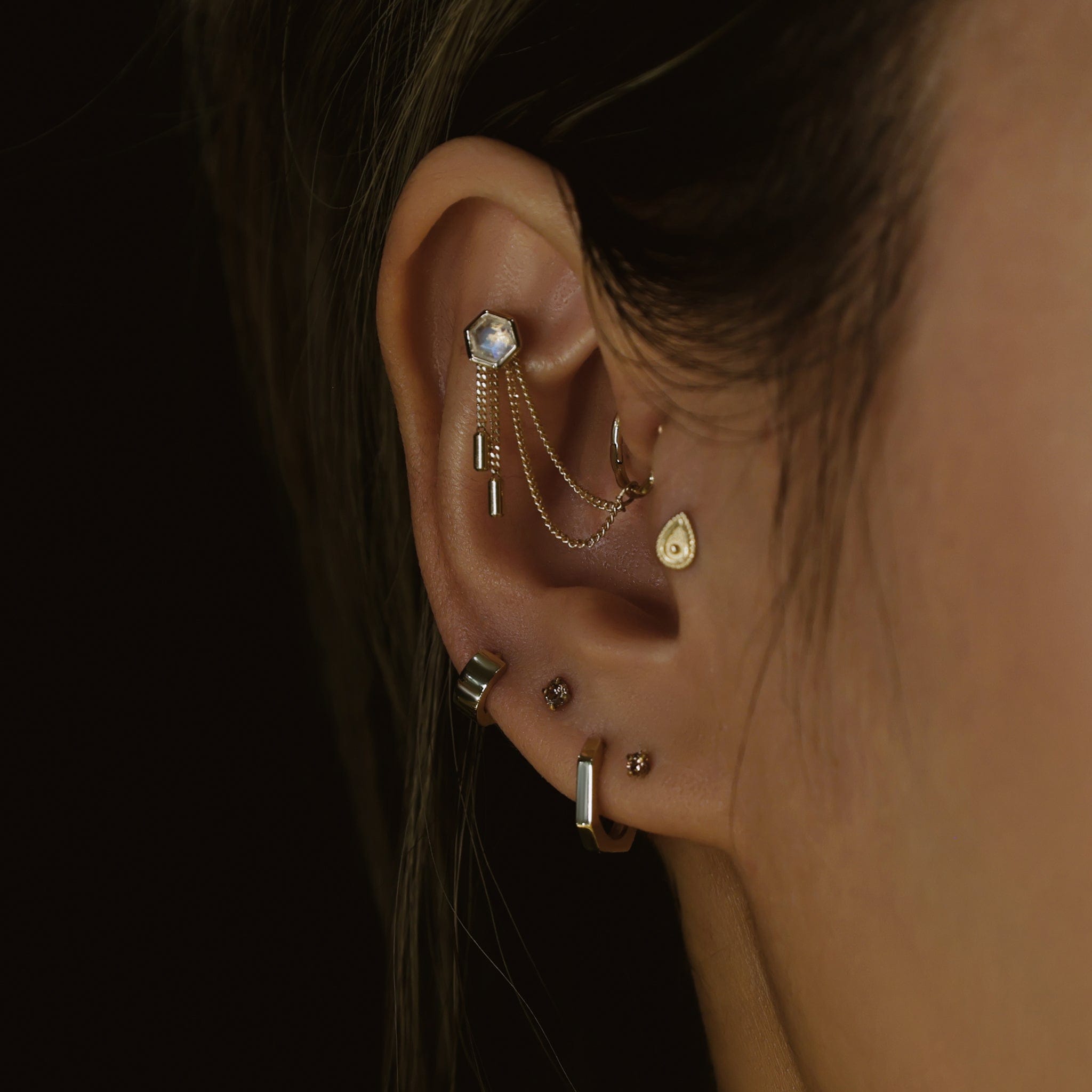 BEATTI Threadless Ends Ela •  14K Gold Hexagon Gemstone Threadless Ends Ela • 14K Gold Hexagon Gemstone Threadless Ends • London Blue Topaz