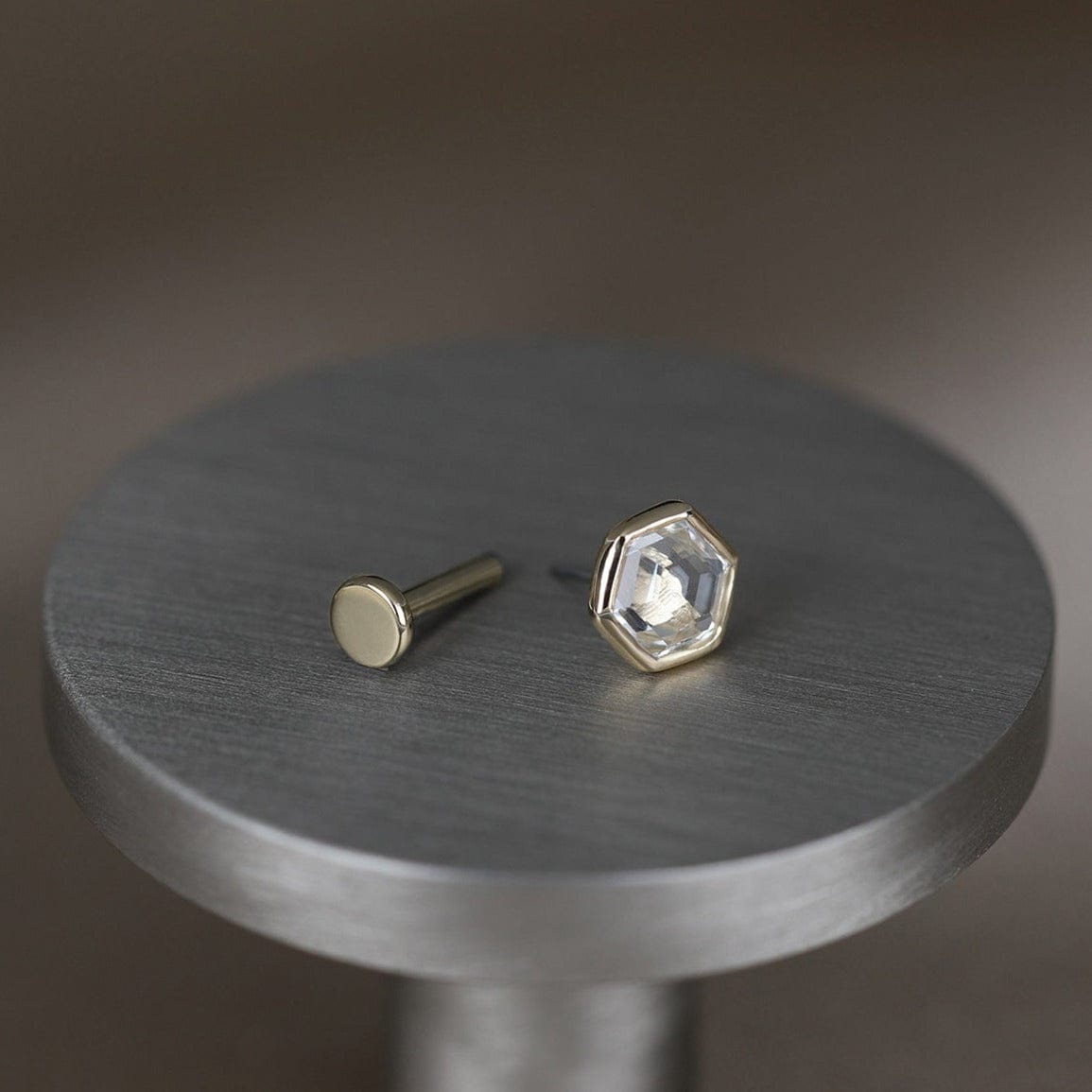 BEATTI Threadless Ends Ela •  14K Gold Hexagon Gemstone Threadless Ends Ela • 14K Gold Hexagon Gemstone Threadless Ends • London Blue Topaz