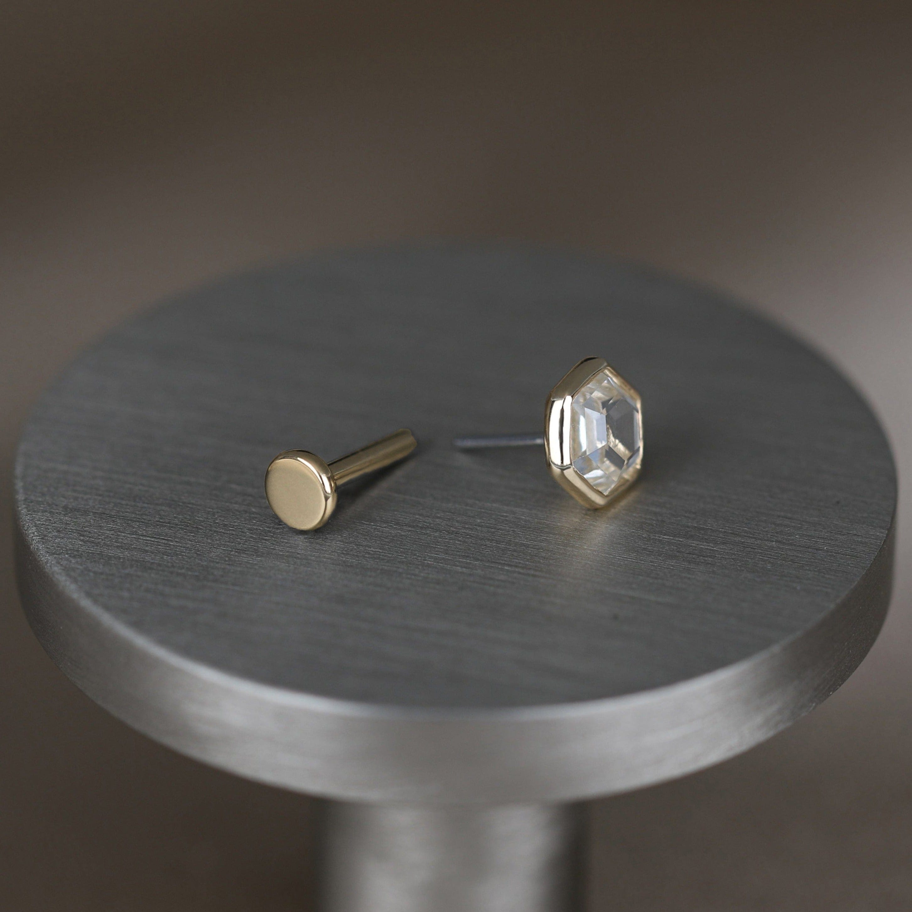 BEATTI Threadless Ends Ela •  14K Gold Hexagon Gemstone Threadless Ends Ela • 14K Gold Hexagon Gemstone Threadless Ends • London Blue Topaz