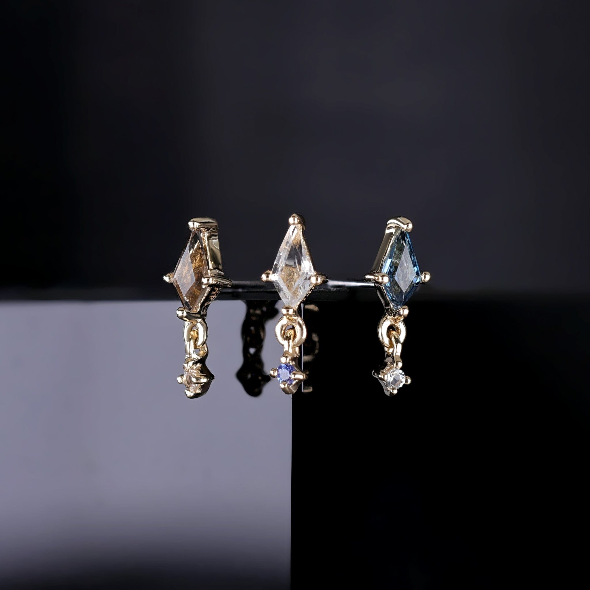 BEATTI Threadless Ends Gold / White Topaz + Blue Sapphire Lyra • Tiny Kite Shaped London Blue Sapphire Dangle Gemstone Flat Back Stud BTEG026 Lyra • Tiny Kite Shaped London Blue Sapphire Dangle Gemstone Flat Back Stud