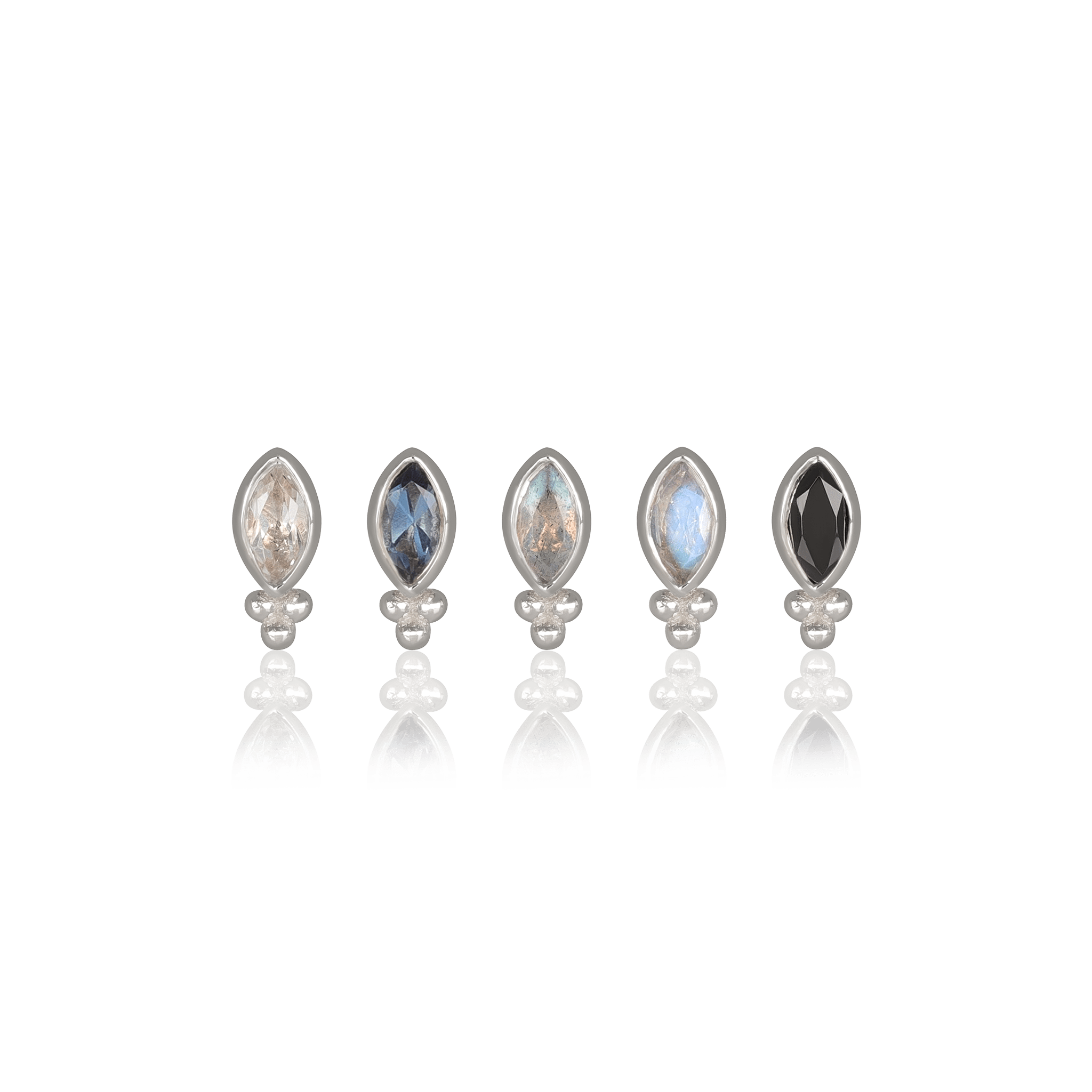 BEATTI Threadless Ends White Gold / Labradorite Rue • 14K Gold Tiny Marquise Cluster Natural Gemstone Flat Back Stud BTEG025 WG Rue • 14K Gold Tiny Marquise Cluster Natural Gemstone Flat Back Stud