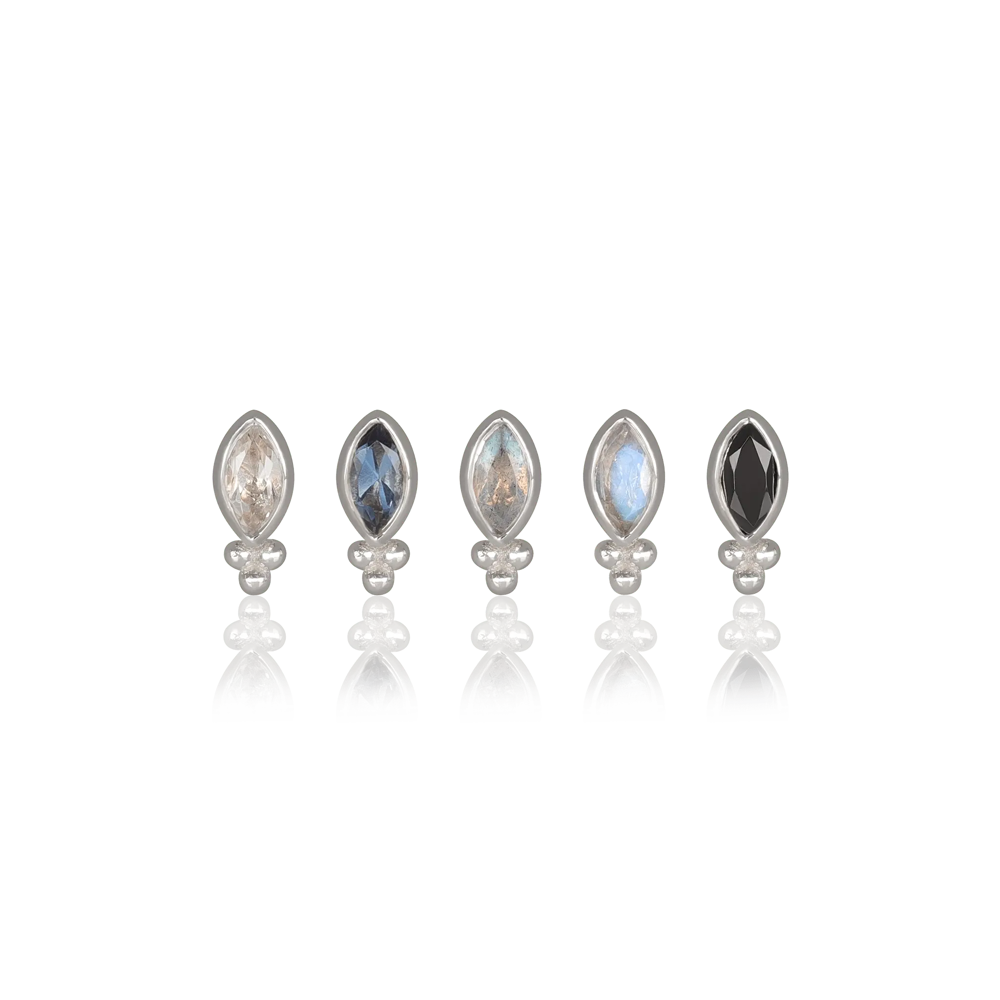 BEATTI Threadless Ends White Gold / Labradorite Rue • 14K Gold Tiny Marquise Cluster Natural Gemstone Flat Back Stud BTEG025 WG Rue • 14K Gold Tiny Marquise Cluster Natural Gemstone Flat Back Stud