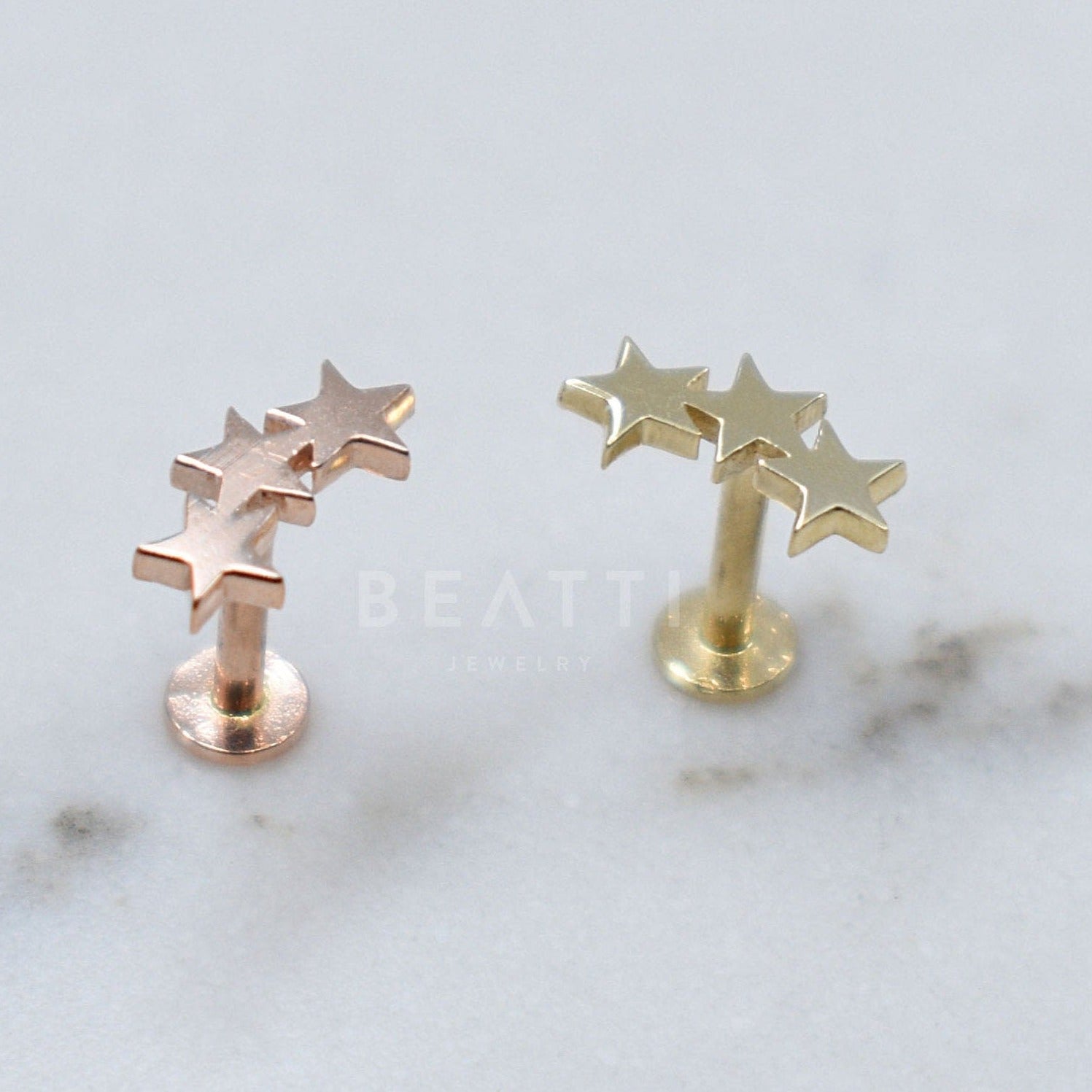 14K Solid Gold Tiny Triple Star Cartilage Earring   18G   14K Gold Internally Threaded Labret, Tragus Earring, Flat Piercing - BEATTI