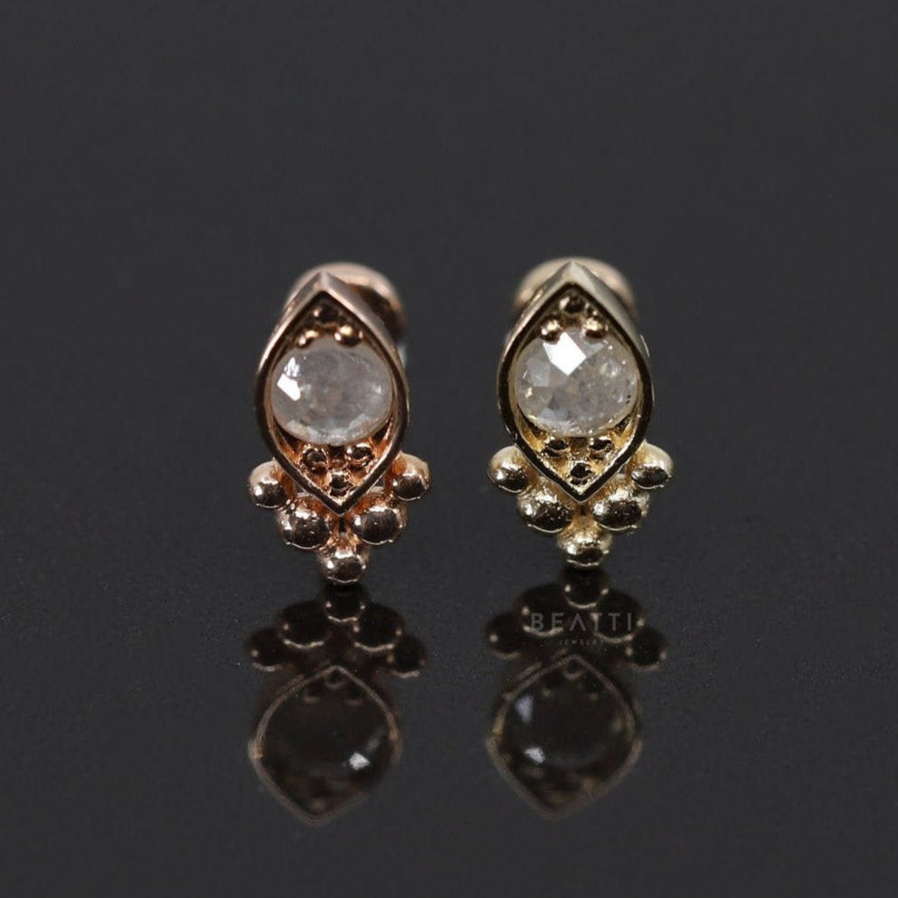 NEW  14K Solid Gold, Natural Rough Diamond Cluster Internally Threaded, Tragus stud, Conch Earring, 14k solid gold Cartilage Earring - BEATTI