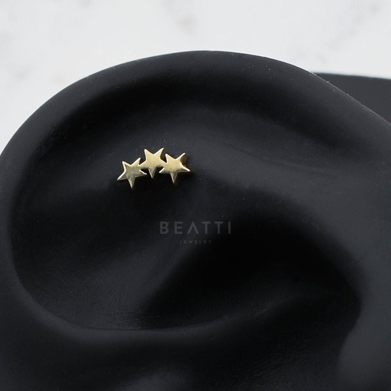 14K Solid Gold Tiny Triple Star Cartilage Earring   18G   14K Gold Internally Threaded Labret, Tragus Earring, Flat Piercing - BEATTI