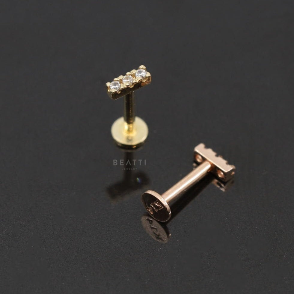 14K Solid Gold   Tiny Pave Bar Cartilage Earring, 14K Internal Threaded Labret, Tragus Earring, 14K Cartilage Stud - BEATTI