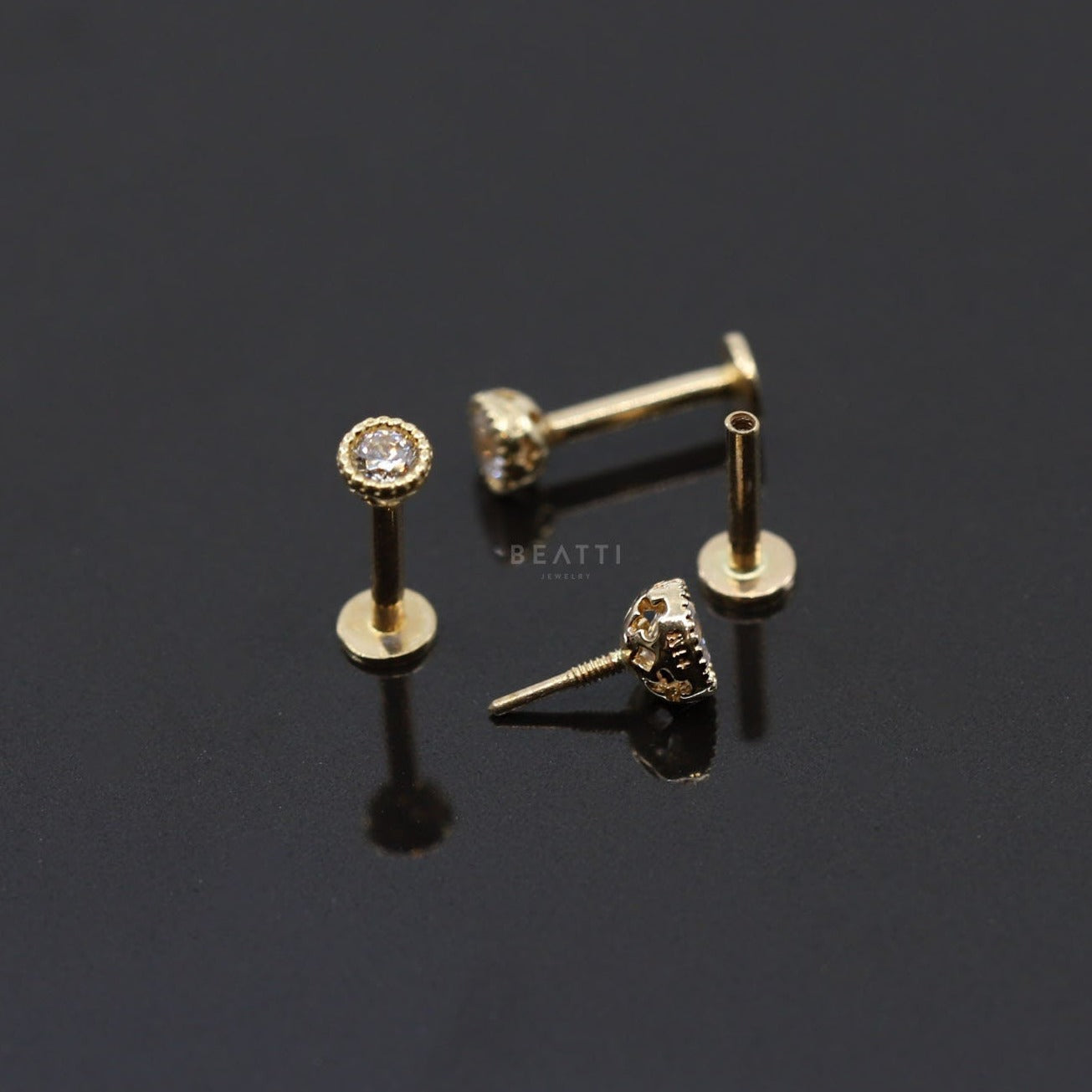 18G   14K Solid Gold 2.5mm-3mm-3.5mm Milgrain Bezel Labret Stud   14K Internal Threaded Labret   Tragus Earring   14K Cartilage Stud - BEATTI