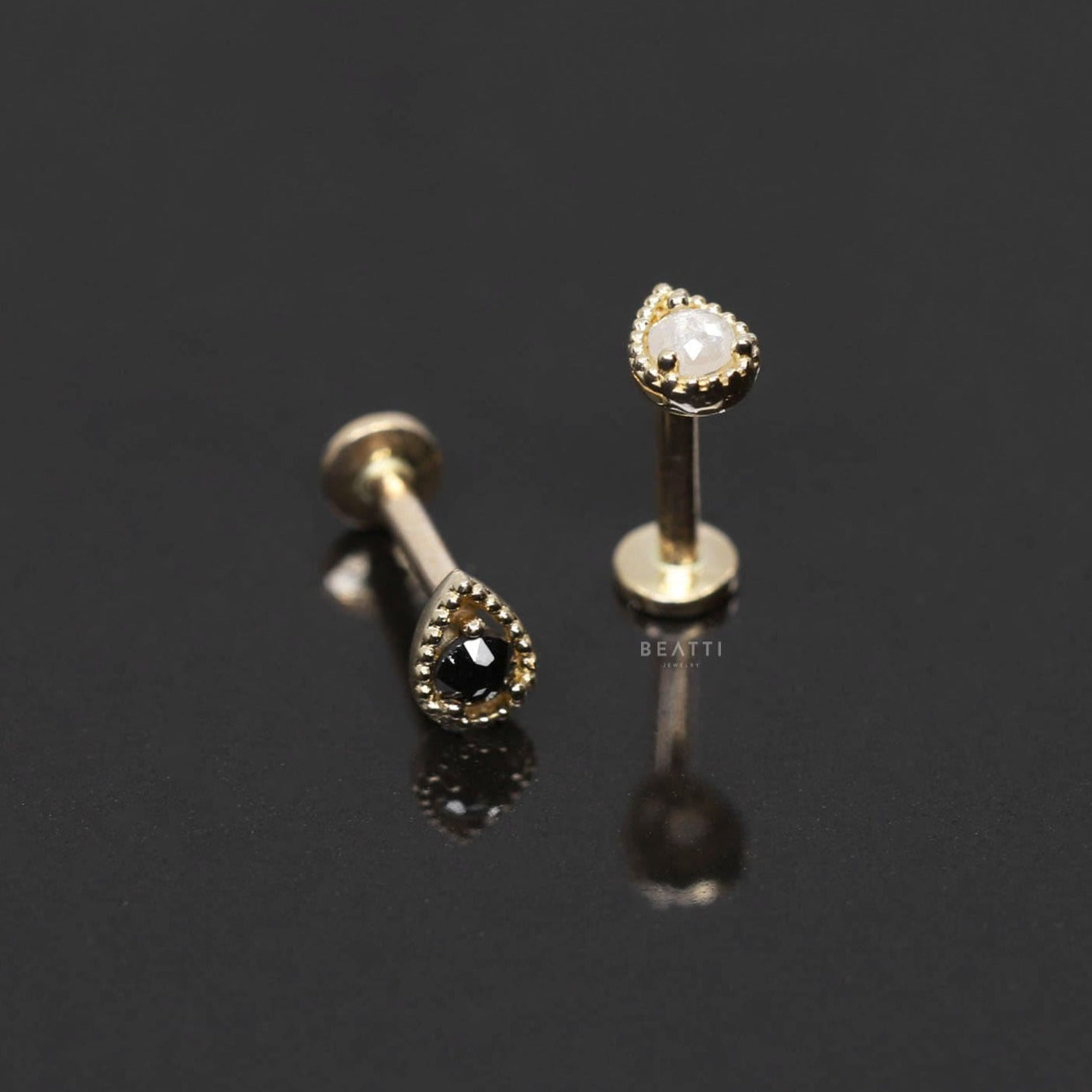 NEW  14K Gold Natural Rough Diamond Tear Drop Cartilage Earring   14K Internally Threaded Labret   14k Natural Black Diamond Tragus Earring - BEATTI