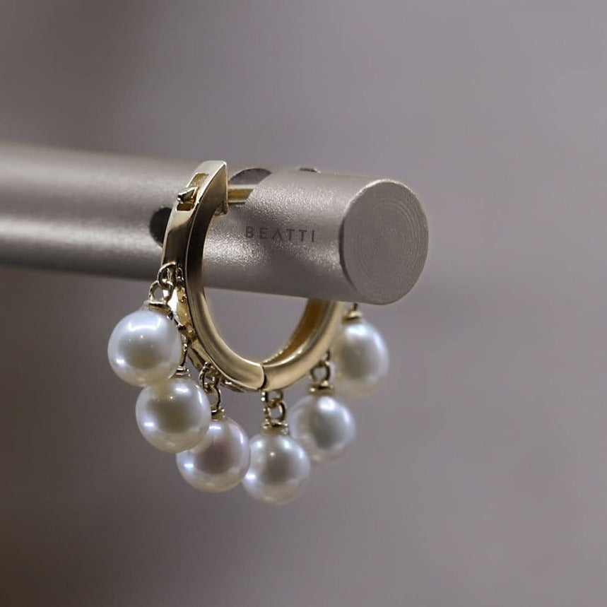 NEW  14k Solid Gold Dangling Pearls Huggie Hoop   Luxury 14K Freshwater Pearl Earring Drop   14k Gold Pearl Hoop - BEATTI